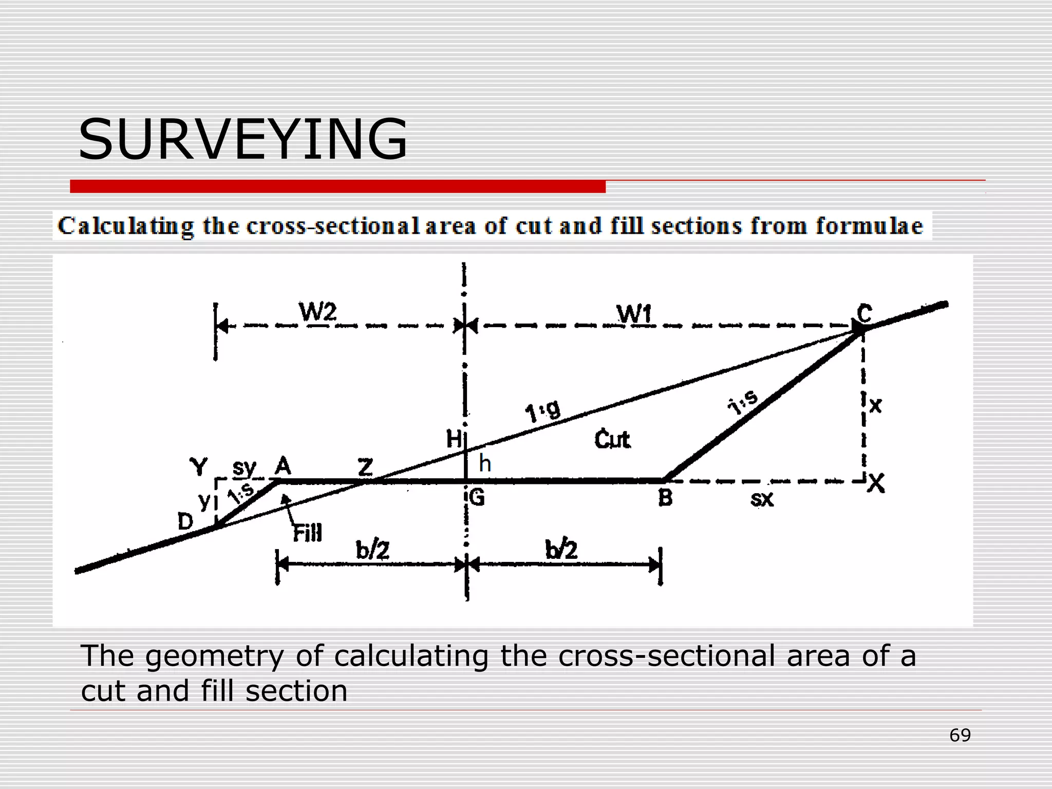 SURVEYING
The geometry of calculating the cross-sectional area of a
cut and fill section
69
 