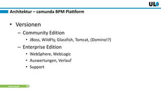 www.dnug.de
• Versionen
– Community Edition
• JBoss, WildFly, Glassfish, Tomcat, (Domino!?)
– Enterprise Edition
• WebSphere, WebLogic
• Auswertungen, Verlauf
• Support
Architektur – camunda BPM Plattform
 