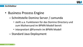www.dnug.de
• Business Process Engine
– Schnittstelle Domino Server / camunda
• stellt u.a. Funktionen für das Domino Directory und
zum Mailversand im BPMN Modell bereit
• interpretiert @Formeln im BPMN Modell
– Standard Java Deployment
Architektur
 