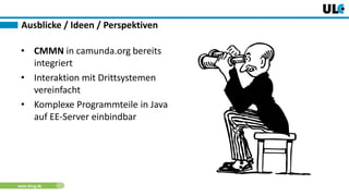 www.dnug.de
Ausblicke / Ideen / Perspektiven
• CMMN in camunda.org bereits
integriert
• Interaktion mit Drittsystemen
vereinfacht
• Komplexe Programmteile in Java
auf EE-Server einbindbar
 