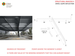 STRUCTURAL ANALYSIS II
GRIDS. SLOPE-DEFLECTION
2EI
2EI 2EI
A
B
P
criterio de
signos
D
q
EI
EI
C
O
DEGREES OF FREEDOM? POINTS WHERE THE MOMENT IS ZERO?
IS THERE ANY VALUE OF THE BENDING MOMENTS THAT YOU CAN ALREADY KNOW?
 