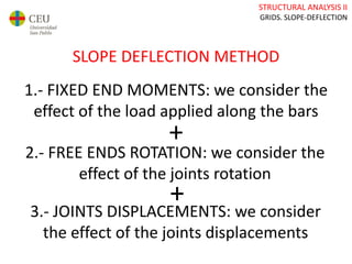 STRUCTURAL ANALYSIS II
GRIDS. SLOPE-DEFLECTION
1.- FIXED END MOMENTS: we consider the
effect of the load applied along the bars
SLOPE DEFLECTION METHOD
2.- FREE ENDS ROTATION: we consider the
effect of the joints rotation
3.- JOINTS DISPLACEMENTS: we consider
the effect of the joints displacements
+
+
 