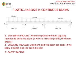 STRUCTURAL ANALYSIS II
PLASTIC ANALYSIS. INTRODUCTION
PLASTIC ANALYSIS in CONTINOUS BEAMS
30 kN/ m
4 m 5 m 6 m
20 kN/ m
10 kN/ m
vano AB vano BC vano CD
A
B C
D
HIPÓTESIS1 considerando la carga dada, calcular el momento plástico mínimo necesario para construir toda la viga
3
HIPÓTESIS2 considerando que la viga se construye con un IPE240 (Mp = 105,1 cm ) determina la carga de rotura.
HIPÓTESIS3 considerando la carga dada y el perfil IPE240 determina el factor de seguridad de la viga.
3
(mínimo momento de diseño)
1.- DESIGNING PROCESS: Minimum plastic moment capacity
required to build the beam (if we use a smaller profile, the beam
breaks)
2.- CHECKING PROCESS: Maximum load the beam can carry (if we
apply a higher load the beam breaks)
3.- SAFETY FACTOR
 