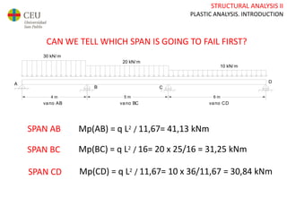 STRUCTURAL ANALYSIS II
PLASTIC ANALYSIS. INTRODUCTION
30 kN/ m
4 m 5 m 6 m
20 kN/ m
10 kN/ m
vano AB vano BC vano CD
A
B C
D
HIPÓTESIS1 considerando la carga dada, calcular el momento plástico mínimo necesario para construir toda la viga
3
HIPÓTESIS2 considerando que la viga se construye con un IPE240 (Mp = 105,1 cm ) determina la carga de rotura.
HIPÓTESIS3 considerando la carga dada y el perfil IPE240 determina el factor de seguridad de la viga.
3
(mínimo momento de diseño)
SPAN AB
SPAN BC
SPAN CD
Mp(AB) = q L2 / 11,67= 41,13 kNm
Mp(BC) = q L2 / 16= 20 x 25/16 = 31,25 kNm
Mp(CD) = q L2 / 11,67= 10 x 36/11,67 = 30,84 kNm
CAN WE TELL WHICH SPAN IS GOING TO FAIL FIRST?
 