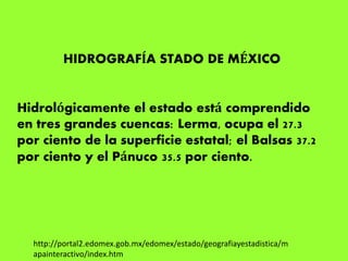 http://portal2.edomex.gob.mx/edomex/estado/geografiayestadistica/m
apainteractivo/index.htm
Hidrológicamente el estado está comprendido
en tres grandes cuencas: Lerma, ocupa el 27.3
por ciento de la superficie estatal; el Balsas 37.2
por ciento y el Pánuco 35.5 por ciento.
HIDROGRAFÍA STADO DE MÉXICO
 