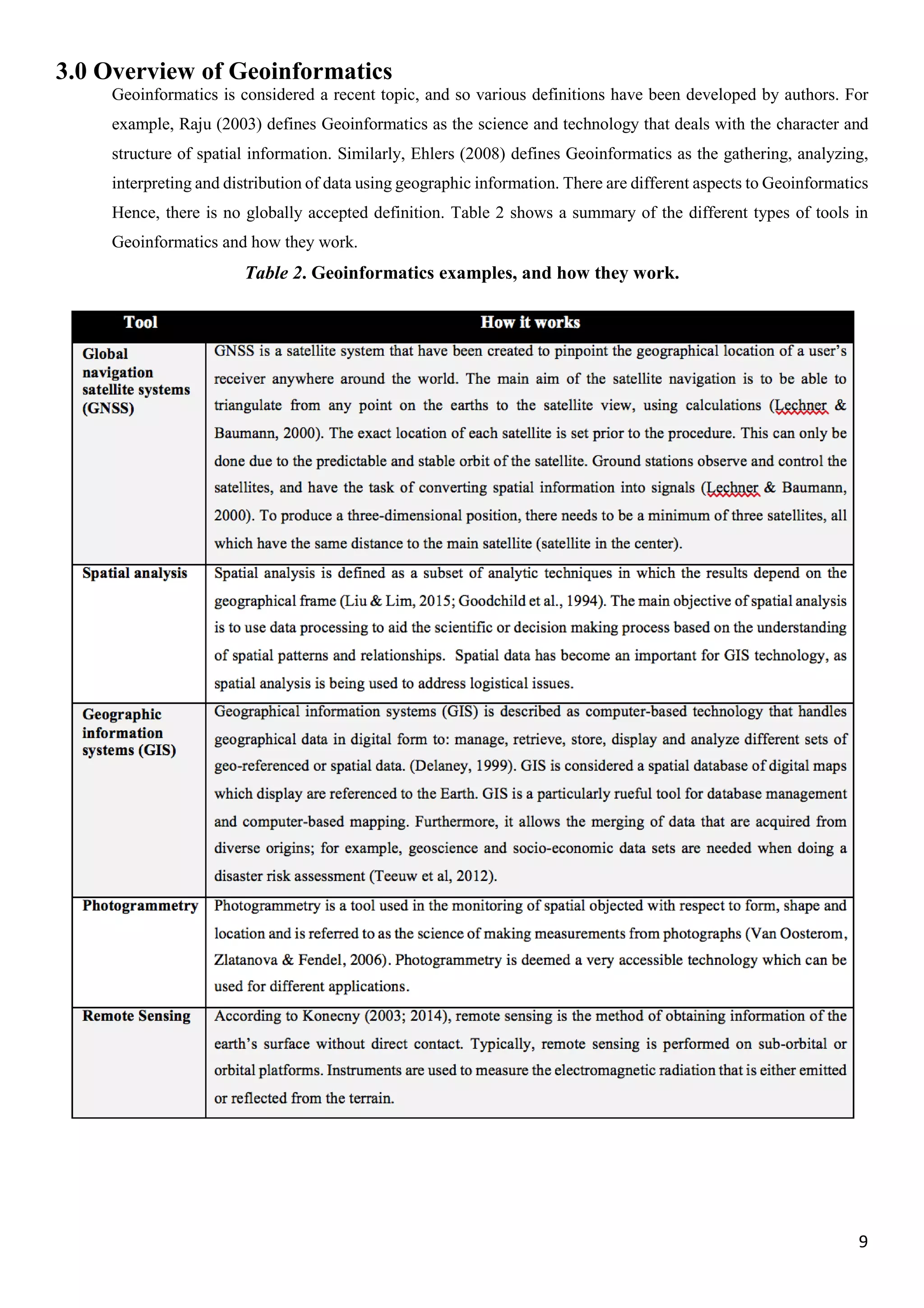 9
3.0 Overview of Geoinformatics
Geoinformatics is considered a recent topic, and so various definitions have been developed by authors. For
example, Raju (2003) defines Geoinformatics as the science and technology that deals with the character and
structure of spatial information. Similarly, Ehlers (2008) defines Geoinformatics as the gathering, analyzing,
interpreting and distribution of data using geographic information. There are different aspects to Geoinformatics
Hence, there is no globally accepted definition. Table 2 shows a summary of the different types of tools in
Geoinformatics and how they work.
Table 2. Geoinformatics examples, and how they work.
 