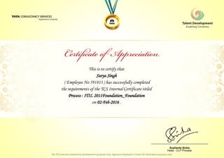 This is to certify that
Surya Singh
Process : ITIL 2011Foundation_Foundation
on 02-Feb-2016 .
( Employee No 591813 ) has successfully completed
the requirements of the TCS Internal Certificate titled
________________________________
Sushanta Sinha
Head - CLP Process
 