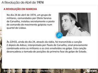 Armando José Santos | Joana Cirne | Marília Henriques
A REVOLUÇÃO EM MARCHA
No dia 24 de abril de 1974, um grupo de
militares, comandados por Otelo Saraiva
de Carvalho, instalou secretamente o posto
de comando do movimento golpista num
quartel de Lisboa.
Às 22h55, ainda do dia 24, através da rádio, foi transmitida a canção
E depois do Adeus, interpretada por Paulo de Carvalho, sinal previamente
combinado entre os militares e os civis envolvidos no golpe. Esta canção
desencadeou a tomada de posições da primeira fase do golpe de Estado.
 