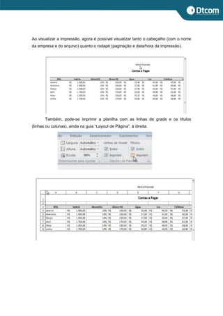 Ao visualizar a impressão, agora é possível visualizar tanto o cabeçalho (com o nome
da empresa e do arquivo) quanto o rodapé (paginação e data/hora da impressão).
Também, pode-se imprimir a planilha com as linhas de grade e os títulos
(linhas ou colunas), ainda na guia “Layout de Página”, à direita.
 