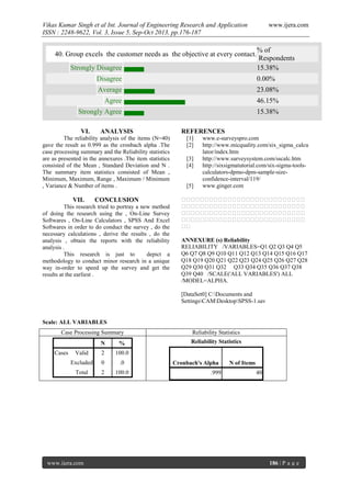 Vikas Kumar Singh et al Int. Journal of Engineering Research and Application
ISSN : 2248-9622, Vol. 3, Issue 5, Sep-Oct 2013, pp.176-187

www.ijera.com

40. Group excels the customer needs as the objective at every contact.
Strongly Disagree

% of
Respondents
15.38%

Disagree

0.00%

Average

23.08%

Agree

46.15%

Strongly Agree

15.38%

VI.

ANALYSIS

The reliability analysis of the items (N=40)
gave the result as 0.999 as the cronbach alpha .The
case processing summary and the Reliability statistics
are as presented in the annexures .The item statistics
consisted of the Mean , Standard Deviation and N .
The summary item statistics consisted of Mean ,
Minimum, Maximum, Range , Maximum / Minimum
, Variance & Number of items .

VII.

CONCLUSION

This research tried to portray a new method
of doing the research using the , On-Line Survey
Softwares , On-Line Calculators , SPSS And Excel
Softwares in order to do conduct the survey , do the
necessary calculations , derive the results , do the
analysis , obtain the reports with the reliability
analysis .
This research is just to
depict a
methodology to conduct minor research in a unique
way in-order to speed up the survey and get the
results at the earliest .

REFERENCES
[1]
[2]
[3]
[4]

[5]

www.e-surveyspro.com
http://www.micquality.com/six_sigma_calcu
lator/index.htm
http://www.surveysystem.com/sscalc.htm
http://sixsigmatutorial.com/six-sigma-toolscalculators-dpmo-dpm-sample-sizeconfidence-interval/119/
www.ginger.com

╔╔╔╔╔╔╔╔╔╔╔╔╔╔╔╔╔╔╔╔╔╔╔╔╔╔╔
╔╔╔╔╔╔╔╔╔╔╔╔╔╔╔╔╔╔╔╔╔╔╔╔╔╔╔
╔╔╔╔╔╔╔╔╔╔╔╔╔╔╔╔╔╔╔╔╔╔╔╔╔╔╔
╔╔╔╔╔╔╔╔╔╔╔╔╔╔╔╔╔╔╔╔╔╔╔╔╔╔╔
╔╔
ANNEXURE (s) Reliability
RELIABILITY /VARIABLES=Q1 Q2 Q3 Q4 Q5
Q6 Q7 Q8 Q9 Q10 Q11 Q12 Q13 Q14 Q15 Q16 Q17
Q18 Q19 Q20 Q21 Q22 Q23 Q24 Q25 Q26 Q27 Q28
Q29 Q30 Q31 Q32 Q33 Q34 Q35 Q36 Q37 Q38
Q39 Q40 /SCALE('ALL VARIABLES') ALL
/MODEL=ALPHA.
[DataSet0] C:Documents and
SettingsCAMDesktopSPSS-1.sav

Scale: ALL VARIABLES
Case Processing Summary
N
Valid

2
0

.0

Total

2

100.0

Reliability Statistics

100.0

Excluded

Cases

%

Reliability Statistics

www.ijera.com

Cronbach's Alpha
.999

N of Items
40

186 | P a g e

 