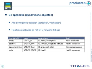 18
Cedocumentetlesinformationsqu’ilcontientsontlapropriétédeTHALES.Ilsnepeuventêtrereproduits,communiquésouutiliséssanssonautorisationécriteaupréalable.
©THALES2005.Modèletrtcoversion7.0.3
producten
 De applicatie (dynamische objecten)
 Alle bewegende objecten (personen, voertuigen)
 Realtime publicatie op het BTC netwerk (Mbus)
 