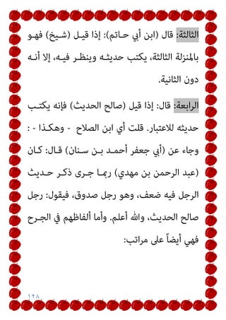 ١٢٨
‫اﻟﺜﺎ‬
‫ﻟﺜﺔ‬
:
‫ﻗﺎل‬
)
‫ﺣـﺎﺗﻢ‬ ‫أيب‬ ‫اﺑﻦ‬
(
:
‫ﻗﻴـﻞ‬ ‫إذا‬
)
‫ﺷـﻴﺦ‬
(
‫ﻓﻬـﻮ‬
‫أﻧـﻪ‬ ‫إﻻ‬ ،‫ﻓﻴـﻪ‬ ‫وﻳﻨﻈـﺮ‬ ‫ﺣﺪﻳﺜـﻪ‬ ‫ﻳﻜﺘﺐ‬ ،‫اﻟﺜﺎﻟﺜﺔ‬ ‫ﺑﺎﳌﻨﺰﻟﺔ‬
‫اﻟﺜﺎﻧﻴﺔ‬ ‫دون‬
.
‫اﺑﻌﺔ‬‫ﺮ‬‫اﻟ‬
:
‫ﻗﺎل‬
:
‫ﻗﻴﻞ‬ ‫إذا‬
)
‫اﻟﺤﺪﻳﺚ‬ ‫ﺻﺎﻟﺢ‬
(
‫ﻳﻜﺘـﺐ‬ ‫ﻓﺈﻧﻪ‬
‫ﻟﻼﻋﺘﺒﺎر‬ ‫ﺣﺪﻳﺜﻪ‬
.
‫اﻟﺼﻼح‬ ‫اﺑﻦ‬ ‫أي‬ ‫ﻗﻠﺖ‬
-
‫وﻫﻜـﺬا‬
-
:
‫ﻋﻦ‬ ‫وﺟﺎء‬
)
‫ﺳـﻨﺎن‬ ‫ﺑـﻦ‬ ‫أﺣﻤـﺪ‬ ‫ﺟﻌﻔﺮ‬ ‫أيب‬
(
‫ﻗـﺎل‬
:
‫ﻛـﺎن‬
)
‫ﻣﻬﺪي‬ ‫ﺑﻦ‬ ‫اﻟﺮﺣﻤﻦ‬ ‫ﻋﺒﺪ‬
(
‫ﺣـﺪﻳﺚ‬ ‫ذﻛـﺮ‬ ‫ﺟـﺮى‬ ‫رمبـﺎ‬
‫ﻓﻴﻘﻮل‬ ،‫ﺻﺪوق‬ ‫رﺟﻞ‬ ‫وﻫﻮ‬ ،‫ﺿﻌﻒ‬ ‫ﻓﻴﻪ‬ ‫اﻟﺮﺟﻞ‬
:
‫رﺟﻞ‬
‫أﻋﻠﻢ‬ ‫وﷲ‬ ،‫اﻟﺤﺪﻳﺚ‬ ‫ﺻﺎﻟﺢ‬
.
‫اﻟﺠـﺮح‬ ‫ﰲ‬ ‫أﻟﻔﺎﻇﻬﻢ‬ ‫وأﻣﺎ‬
‫اﺗﺐ‬‫ﺮ‬‫ﻣ‬ ‫ﻋﲆ‬ ً‫ﺎ‬‫أﻳﻀ‬ ‫ﻓﻬﻲ‬
:
 