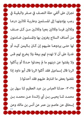 ٣٣
‫ﰲ‬ ‫واﻟﺒﻘﻴـﺔ‬ ‫ﺻـﻔﺮ‬ ‫ﰲ‬ ‫اﻟﻨﺼـﻒ‬ ‫ﺣﻠﺔ‬ ‫أﻟﻔﻲ‬ ‫ﻋﲆ‬ ‫ان‬‫ﺮ‬‫ﻧﺠ‬
‫درﻋـﺎ‬ ‫ﺛﻼﺛـني‬ ‫وﻋﺎرﻳـﺔ‬ ‫اﳌﺴـﻠﻤني‬ ‫إﱃ‬ ‫ﻳﺆدوﻧﻬـﺎ‬ ‫رﺟﺐ‬
‫ﺻـﻨﻒ‬ ‫ﻛـﻞ‬ ‫ﻣـﻦ‬ ‫وﺛﻼﺛـني‬ ‫ا‬‫ري‬‫ﺑﻌ‬ ‫وﺛﻼﺛني‬ ‫ﻓﺮﺳﺎ‬ ‫وﺛﻼﺛني‬
‫ﺿـﺎﻣﻨﻮن‬ ‫واﳌﺴﻠﻤﻮن‬ ‫ﺑﻬﺎ‬ ‫ﻳﻐﺰون‬ ‫اﻟﺴﻼح‬ ‫أﺻﻨﺎف‬ ‫ﻣﻦ‬
‫أو‬ ‫ﻛﻴـﺪ‬ ‫ﺑـﺎﻟﻴﻤﻦ‬ ‫ﻛـﺎن‬ ‫إن‬ ‫ﻋﻠـﻴﻬﻢ‬ ‫ﻳﺮدوﻫـﺎ‬ ‫ﺣﺘـﻰ‬ ‫ﻟﻬﺎ‬
‫ﻳﺨ‬ ‫وﻻ‬ ‫ﺑﻴﻌﺔ‬ ‫ﻟﻬﻢ‬ ‫ﺗﻬﺪم‬ ‫ﻻ‬ ‫أن‬ ‫ﻋﲆ‬ ‫ﻏﺪرة‬
‫ﻗﺲ‬ ‫ﻟﻬﻢ‬ ‫ﺮج‬
‫ﻳـﺄﻛﻠﻮا‬ ‫أو‬ ‫ﺣـﺪﺛﺎ‬ ‫ﻳﺤﺪﺛﻮا‬ ‫مل‬ ‫ﻣﺎ‬ ‫دﻳﻨﻬﻢ‬ ‫ﻋﻦ‬ ‫ﻳﻔﺘﻨﻮا‬ ‫وﻻ‬
‫إذا‬ ‫داود‬ ‫أﺑﻮ‬ ‫ﻗﺎل‬ ‫اﻟﺮﺑﺎ‬ ‫أﻛﻠﻮا‬ ‫ﻓﻘﺪ‬ ‫إﺳامﻋﻴﻞ‬ ‫ﻗﺎل‬ ‫اﻟﺮﺑﺎ‬
‫أﺣﺪﺛﻮا‬ ‫ﻓﻘﺪ‬ ‫ﻋﻠﻴﻬﻢ‬ ‫اﺷﱰط‬ ‫ﻣﺎ‬ ‫ﺑﻌﺾ‬ ‫ﻧﻘﻀﻮا‬
).
٣٠٣٧
-
‫ﺑﻦ‬ ‫ﺳﻬﻞ‬ ‫ﺛﻨﺎ‬ ‫اﻟﻌﻈﻴﻢ‬ ‫ﻋﺒﺪ‬ ‫ﺑﻦ‬ ‫اﻟﻌﺒﺎس‬ ‫ﺣﺪﺛﻨﺎ‬
‫ـﻦ‬‫ـ‬‫ﺑ‬ ‫ـﺪ‬‫ـ‬‫ﻣﺤﻤ‬ ‫ـﻦ‬‫ـ‬‫ﻋ‬ ‫ـﺪة‬‫ـ‬‫اﺋ‬‫ز‬ ‫أيب‬ ‫ـﻦ‬‫ـ‬‫ﺑ‬ ‫ـﻰ‬‫ـ‬‫ﻳﺤﻴ‬ ‫ـﺎ‬‫ـ‬‫ﺛﻨ‬ ‫ـﺪ‬‫ـ‬‫ﻣﺤﻤ‬
‫أﻧﺲ‬ ‫ﻋﻦ‬ ‫ﻋﻤﺮ‬ ‫ﺑﻦ‬ ‫ﻋﺎﺻﻢ‬ ‫ﻋﻦ‬ ‫إﺳﺤﺎق‬
‫وﻋﻦ‬ ‫ﻣﺎﻟﻚ‬ ‫ﺑﻦ‬
 