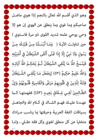 ٨١
‫ﻣﺎﺿـﻞ‬ ‫ﻫﻮي‬ ‫إذا‬ ‫ﺑﺎﻟﻨﺠﻢ‬ ‫ﺗﻌﺎﱃ‬ ‫ﷲ‬ ‫أﻗﺴﻢ‬ ‫اﻟﺬي‬ ‫وﻫﻮ‬
‫ﻏﻮي‬ ‫وﻣﺎ‬ ‫ﺻﺎﺣﺒﻜﻢ‬
‫إﻻ‬ ‫ﻫﻮ‬ ‫إن‬ ‫اﻟﻬﻮي‬ ‫ﻋﻦ‬ ‫ﻳﻨﻄﻖ‬ ‫وﻣﺎ‬
‫ﻓﺎﺳـﺘﻮي‬ ‫ﻣﺮة‬ ‫ذو‬ ‫اﻟﻘﻮى‬ ‫ﺷﺪﻳﺪ‬ ‫ﻋﻠﻤﻪ‬ ‫ﻳﻮﺣﻲ‬ ‫وﺣﻲ‬
(
‫اﻵﻳـﺔ‬ ‫ﺗﻨﺎوﻟـﺖ‬ ‫ﺣني‬
)
ْ‫ﻦ‬‫ـ‬ِ‫ﻣ‬ َ
‫ـﻚ‬ِ‫ﻠ‬ْ‫ﺒ‬َ‫ﻗ‬ ْ‫ﻦ‬‫ـ‬ِ‫ﻣ‬ ‫ﺎ‬َ‫ﻨ‬ْ‫ﻠ‬‫ـ‬َ‫ﺳ‬ْ‫ر‬َ‫أ‬ ‫ـﺎ‬َ‫ﻣ‬َ‫و‬
ِ‫ﻪ‬ِ‫ﺘ‬‫ﱠ‬‫ﻴ‬ِ‫ﻨ‬ْ‫ﻣ‬ُ‫أ‬ ِ
‫ﰲ‬ ُ‫ن‬‫ﺎ‬َ‫ﻄ‬ْ‫ﻴ‬‫اﻟﺸﱠ‬ ‫َﻰ‬‫ﻘ‬ْ‫ﻟ‬َ‫أ‬ ‫ﻰ‬‫ﱠ‬‫ﻨ‬َ َ‫مت‬ ‫َا‬‫ذ‬ِ‫إ‬ ‫ﱠ‬
‫ﻻ‬ِ‫إ‬ ‫ﱟ‬‫ِﻲ‬‫ﺒ‬َ‫ﻧ‬ َ
‫ﻻ‬َ‫و‬ ٍ‫ل‬‫ﻮ‬ُ‫ﺳ‬َ‫ر‬
‫ـ‬ُ‫ﺛ‬ ُ‫ن‬‫ﺎ‬َ‫ﻄ‬ْ‫ﻴ‬‫اﻟﺸﱠ‬ ‫ﻲ‬ِ‫ﻘ‬ْ‫ﻠ‬ُ‫ﻳ‬ ‫ﺎ‬َ‫ﻣ‬ ُ ‫ﱠ‬‫ﷲ‬ ُ‫ﺦ‬َ‫ﺴ‬ْ‫ﻨ‬َ‫ﻴ‬َ‫ﻓ‬
ِ‫ﻪ‬‫ـ‬ِ‫ﺗ‬‫ﺎ‬َ‫ﻳ‬َ‫آ‬ ُ ‫ﱠ‬‫ﷲ‬ ُ‫ﻢ‬‫ـ‬ِ‫ﻜ‬ْ‫ﺤ‬ُ‫ﻳ‬ ‫ﱠ‬‫ﻢ‬
ٌ‫ﻢ‬‫ﻴ‬ِ‫ﻜ‬َ‫ﺣ‬ ٌ‫ﻢ‬‫ﻴ‬ِ‫ﻠ‬َ‫ﻋ‬ ُ ‫ﱠ‬‫ﷲ‬َ‫و‬
)
٥٢
(
ُ‫ن‬‫ﺎ‬َ‫ﻄ‬ْ‫ﻴ‬‫ـ‬‫اﻟﺸﱠ‬ ‫ـﻲ‬ِ‫ﻘ‬ْ‫ﻠ‬ُ‫ﻳ‬ ‫ـﺎ‬َ‫ﻣ‬ َ
‫ﻞ‬َ‫ﻌ‬ْ‫ﺠ‬َ‫ﻴ‬ِ‫ﻟ‬
‫ﱠ‬‫ن‬ِ‫إ‬َ‫و‬ ْ‫ﻢ‬ُ‫ﻬ‬ُ‫ﺑ‬‫ـﻮ‬ُ‫ﻠ‬ُ‫ﻗ‬ ِ‫ﺔ‬َ‫ﻴ‬ِ‫َﺎﺳ‬‫ﻘ‬ْ‫ﻟ‬‫ا‬َ‫و‬ ٌ
‫ض‬َ‫ﺮ‬َ‫ﻣ‬ ْ‫ﻢ‬ِ‫ﻬ‬ِ‫ﺑ‬‫ﻮ‬ُ‫ﻠ‬ُ‫ﻗ‬ ِ
‫ﰲ‬ َ‫ﻦ‬‫ﻳ‬ِ‫ﺬ‬‫ﱠ‬‫ﻠ‬ِ‫ﻟ‬ ً‫ﺔ‬َ‫ﻨ‬ْ‫ﺘ‬ِ‫ﻓ‬
ٍ‫ـﺪ‬‫ـ‬‫ﻴ‬ِ‫ﻌ‬َ‫ﺑ‬ ٍ‫َﺎق‬‫ﻘ‬‫ـ‬‫ـ‬ِ‫ﺷ‬ ‫ـﻲ‬‫ـ‬ِ‫ﻔ‬َ‫ﻟ‬ َ‫ني‬ِ‫ﻤ‬ِ‫ﻟ‬‫ـﺎ‬‫ـ‬‫ﱠ‬‫ﻈ‬‫اﻟ‬
)
٥٣
[(
‫ـام‬‫ـ‬‫ﻛ‬ ‫ـﺎ‬‫ـ‬‫ﻓﻔﻬﻤﺘﻬ‬
‫ـ‬‫ـ‬‫ﻛ‬ ‫ﰲ‬ ‫ـﺎك‬‫ـ‬‫اﻟﺸ‬ ‫ـﻢ‬‫ـ‬‫ﻓﻬ‬ ‫ـﻚ‬‫ـ‬‫ﻋﻠﻴ‬ ‫ـﺪﻧﺎ‬‫ـ‬‫ﻋﻬ‬
‫ـﻞ‬‫ـ‬‫واﻟﺠﺎﻫ‬ ‫ﷲ‬ ‫ﻼم‬
‫ادك‬‫ﺮ‬‫ﻣـ‬ ‫ﻳﻨﺎﺳﺐ‬ ‫مبﺎ‬ ‫وﺣﺮﻓﺘﻬﺎ‬ ‫اﻟﻌﺮﺑﻴﺔ‬ ‫اﻟﻠﻐﺔ‬ ‫ﺑﺴﻴﺎﻗﺎت‬
‫وﻟﻨـﺎ‬ ، ‫ﻋﻘـﲇ‬ ‫ﻓﻘﻪ‬ ‫وﻛﻞ‬ ‫ﻟﻐﻮي‬ ‫ﻣﻨﻄﻖ‬ ‫ﻛﻞ‬ ‫ﻋﻦ‬ ‫ﻣﺘﺨﻠﻴﺎ‬
 