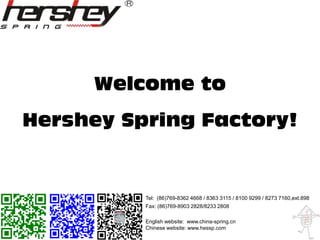 Welcome to
Hershey Spring Factory!
Tel: (86)769-8362 4668 / 8363 3115 / 8100 9299 / 8273 7160,ext.898
Fax: (86)769-8903 2828/8233 2808
English website: www.china-spring.cn
Chinese website: www.hessp.com
 