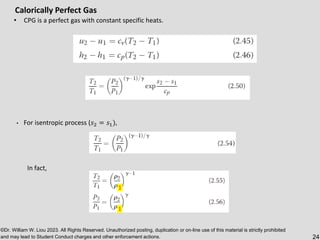©Dr. William W. Liou 2023. All Rights Reserved. Unauthorized posting, duplication or on-line use of this material is strictly prohibited
and may lead to Student Conduct charges and other enforcement actions. 24
Calorically Perfect Gas
• CPG is a perfect gas with constant specific heats.
• For isentropic process (𝑠2 = 𝑠1),
In fact,
1
1
 