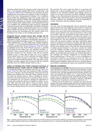 mimic the cellular interior (2). Contrary to what is observed in cells
(Fig. 1C), the polymers stabilize SH3 relative to buffer (Fig. 4 and
SI Appendix, Tables S1–S3). Furthermore, the monomers are more
stabilizing than the polymers, the opposite of what is usually im-
plied by the term “macromolecular crowding” (21). In addition,
theory predicts that stabilization arises from entropic effects, yet
ethylene glycol and PEG stabilize SH3 enthalpically, whereas the
sugar-induced stabilization is entropic. Clearly, synthetic polymers
are poor mimics of the cellular interior, and existing theories need
to be modified. The modifications must account for nonspecific
chemical attractions that act enthalpically to destabilize the protein
and nonspecific repulsive chemical interactions that act enthalpi-
cally to stabilize the protein (22). The picture is even more com-
plicated because the accounting must also consider solvent (23),
including its size relative to the crowding molecules (21).
Biologically Relevant Crowders Interact More Strongly with the
Unfolded Ensemble. Resonance broadening (Fig. 3A) is only an
approximate measure of attractive intermolecular interactions. To
obtain more detailed knowledge, we used 19
F relaxation data to es-
timate tumbling times (τm) (10) of SH3 under crowded conditions.
In buffer, τm is 4 ns/rad for the folded state and 3 ns/rad for the
unfolded ensemble (Fig. 3B and SI Appendix, Table S4), similar
to published values (24). Ficoll (300 g/L) increases τm fourfold
and fivefold for the folded state and unfolded ensemble, re-
spectively. These increases likely arise from an increase in mi-
croscopic viscosity (19). The viscosity of the 100 g/L lysozyme
solution is only 1.3 times that of water (19), yet τm increases
5-fold (folded state) and 13-fold (unfolded ensemble). BSA at
100 g/L has a similar viscosity, yet increases τm 3-fold (folded
state) and 25-fold (unfolded ensemble). The large effect on the
unfolded ensemble suggests that interactions with the unfolded
ensemble cause the stability changes shown in Fig. 1.
Folding and Unfolding Rates Confirm Preferential Interactions of
Biologically Relevant Crowders with the Unfolded Ensemble. We
also quantified folding and unfolding rates (Fig. 3C and SI Ap-
pendix, Table S5). Rate data were acquired in BSA, lysozyme,
urea (all at 100 g/L), and Ficoll (300 g/L). Ficoll decreased the
folding and unfolding rates threefold. Slower folding is consis-
tent with the viscosity increase. Slower unfolding in Ficoll is
consistent with both viscosity and an entropic pressure for pro-
tein compaction (25, 26); however, limiting the explanation to
viscosity and compaction effects is probably too simple. In con-
trast, BSA had only small effects, whereas lysozyme slowed
folding fivefold but had no effect on unfolding. Like lysozyme,
urea slowed folding fivefold, but increased unfolding threefold.
We speculate that urea’s small size allows it to penetrate the
folded state to speed unfolding, while its interaction with the
backbone in the unfolded ensemble slows folding, whereas ly-
sozyme is too large to penetrate and affect unfolding, but slows
folding via the aforementioned interactions with the unfolded
ensemble. These observations reinforce the idea that biologically
relevant conditions can destabilize proteins by facilitating fa-
vorable interactions with the unfolded ensemble.
Conclusions
Our data show that physiologically relevant information about
protein exteriors has been hidden because proteins are studied in
buffer instead of in cells. This limitation does not matter for
protein cores; they yield relevant information in buffer because
interior atoms experience the same environment in cells as they
do in buffer––they are surrounded by other protein atoms. Ex-
teriors are fundamentally different. In buffer, the surface is ex-
posed to mostly water, but the cytoplasm is dramatically complex
and crowded (27). The data indicate that crowding proteins in-
teract with test protein surfaces, and these interactions affect
both the equilibrium and kinetics of folding. Although synthetic
polymers are important in industrial applications, they are poor
models of the cellular interior. Our data also show that theories
to explain protein behavior in cells must consider the folded
state, the unfolded ensemble, and include terms for hard-core
repulsions, solvation, hydrogen bonds, charge–charge-, hydro-
phobic-, and weakly polar interactions, all of which contribute to
the enthalpic and entropic components of crowding effects.
Recent modifications to theory (22), as well as simulations of
intracellular dynamics, are pointing the way (27). Most im-
portantly, our data, and those of others (13, 15–18), show that
studying protein folding in living cells is key to gaining informa-
tion needed to understand the many roles of proteins in biology.
Materials and Methods
Protein Expression for In-Cell NMR. Plasmids harboring the gene encoding SH3
were transformed into Agilent BL21 DE3 Gold cells by heat-shock. A single
colony was used to inoculate a 5-mL culture of Lennox broth (10 g/L tryptone,
5 g/L yeast extract, 5 g/L NaCl) supplemented with 100 μg/mL ampicillin. The
culture was incubated with shaking at 37 °C (New Brunswick Scientific
Innova I26, 225 rpm). After 8 h, 50 μL of the saturated culture was used to
inoculate 50 mL of supplemented M9 media (50 mM Na2HPO4, 20 mM
KH2PO4, 9 mM NaCl, 4 g/L glucose, 1 g/L NH4Cl, 0.1 mM CaCl2, 2 mM MgSO4,
10 mg/L thiamine, 10 mg/L biotin, and 150 mg/L ampicillin, pH 7.4).
The 50-mL culture was shaken at 37 °C overnight. The culture was then
diluted to 100 mL with supplemented M9 media. Five-fluoroindole (in dimethyl
sulfoxide) was added to a final concentration of 0.1 g/L, and the culture was
shaken for 30 min. Isopropyl β-D-1-thiogalactopyranoside (IPTG, 1 mM final
Fig. 4. Synthetic polymers and their monomers. (A) Glucose and dextran, (B) sucrose and Ficoll (all at 300 g/L), (C) ethylene glycol, 8 kDa PEG, and 35 kDa PEG
(all at 200 g/L) stabilize the SH3 domain. Buffer (black) curve is reproduced from Fig. 1C. Error bars for the 298-K data are the SD of three trials.
4 of 6 | www.pnas.org/cgi/doi/10.1073/pnas.1518620113 Smith et al.
 