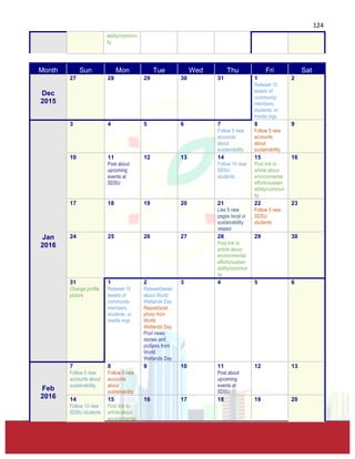  
	
  
124	
  
ability/commun
ity	
  
	
  
Month	
   Sun	
   Mon	
   Tue	
   Wed	
   Thu	
   Fri	
   Sat	
  
Dec	
  
2015	
  
27 	
  
	
  
28 	
  
	
  
29 	
  
	
  
30 	
  
	
  
31 	
  
	
  
1 	
  
Retweet 10
tweets of
community
members,
students, or
media orgs	
  
2 	
  
	
  
Jan	
  
2016	
  
3 	
  
	
  
4 	
  
	
  
5 	
  
	
  
6 	
  
	
  
7 	
  
Follow 5 new
accounts
about
sustainability	
  
8 	
  
Follow 5 new
accounts
about
sustainability	
  
9 	
  
	
  
10 	
  
	
  
11 	
  
Post about
upcoming
events at
SDSU	
  
12 	
  
	
  
13 	
  
	
  
14 	
  
Follow 10 new
SDSU
students	
  
15 	
  
Post link to
article about
environmental
efforts/sustain
ability/commun
ity	
  
16 	
  
	
  
17 	
  
	
  
18 	
  
	
  
19 	
  
	
  
20 	
  
	
  
21 	
  
Like 5 new
pages local or
sustainability
related 	
  
22 	
  
Follow 5 new
SDSU
students	
  
23 	
  
	
  
24 	
  
	
  
25 	
  
	
  
26 	
  
	
  
27 	
  
	
  
28 	
  
Post link to
article about
environmental
efforts/sustain
ability/commun
ity	
  
29 	
  
	
  
30 	
  
	
  
31 	
  
Change profile
picture	
  
1 	
  
Retweet 10
tweets of
community
members,
students, or
media orgs	
  
2 	
  
Retweet/tweet
about World
Wetlands Day	
  
Repost/post
photo from
World
Wetlands Day	
  
Post news
stories and
pictures from
World
Wetlands Day	
  
3 	
  
	
  
4 	
  
	
  
5 	
  
	
  
6 	
  
	
  
Feb	
  
2016	
  
7 	
  
Follow 5 new
accounts about
sustainability	
  
8 	
  
Follow 5 new
accounts
about
sustainability	
  
9 	
  
	
  
10 	
  
	
  
11 	
  
Post about
upcoming
events at
SDSU	
  
12 	
  
	
  
13 	
  
	
  
14 	
  
Follow 10 new
SDSU students	
  
15 	
  
Post link to
article about
environmental
16 	
  
	
  
17 	
  
	
  
18 	
  
	
  
19 	
  
	
  
20 	
  
	
  
 