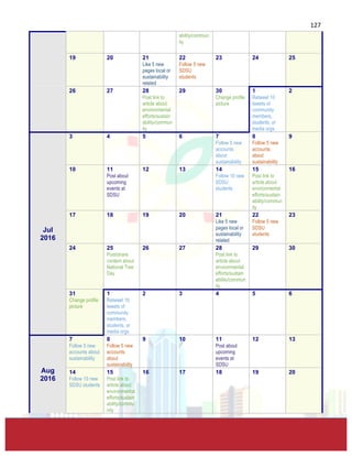  
	
  
127	
  
ability/commun
ity	
  
19 	
  
	
  
20 	
  
	
  
21 	
  
Like 5 new
pages local or
sustainability
related 	
  
22 	
  
Follow 5 new
SDSU
students	
  
23 	
  
	
  
24 	
  
	
  
25 	
  
	
  
26 	
  
	
  
27 	
  
	
  
28 	
  
Post link to
article about
environmental
efforts/sustain
ability/commun
ity	
  
29 	
  
	
  
30 	
  
Change profile
picture	
  
1 	
  
Retweet 10
tweets of
community
members,
students, or
media orgs	
  
2 	
  
	
  
Jul	
  
2016	
  
3 	
  
	
  
4 	
  
	
  
5 	
  
	
  
6 	
  
	
  
7 	
  
Follow 5 new
accounts
about
sustainability	
  
8 	
  
Follow 5 new
accounts
about
sustainability	
  
9 	
  
	
  
10 	
  
	
  
11 	
  
Post about
upcoming
events at
SDSU	
  
12 	
  
	
  
13 	
  
	
  
14 	
  
Follow 10 new
SDSU
students	
  
15 	
  
Post link to
article about
environmental
efforts/sustain
ability/commun
ity	
  
16 	
  
	
  
17 	
  
	
  
18 	
  
	
  
19 	
  
	
  
20 	
  
	
  
21 	
  
Like 5 new
pages local or
sustainability
related 	
  
22 	
  
Follow 5 new
SDSU
students	
  
23 	
  
	
  
24 	
  
	
  
25 	
  
Post/share
content about
National Tree
Day	
  
26 	
  
	
  
27 	
  
	
  
28 	
  
Post link to
article about
environmental
efforts/sustain
ability/commun
ity	
  
29 	
  
	
  
30 	
  
	
  
31 	
  
Change profile
picture	
  
1 	
  
Retweet 10
tweets of
community
members,
students, or
media orgs	
  
2 	
  
	
  
3 	
  
	
  
4 	
  
	
  
5 	
  
	
  
6 	
  
	
  
Aug	
  
2016	
  
7 	
  
Follow 5 new
accounts about
sustainability	
  
8 	
  
Follow 5 new
accounts
about
sustainability	
  
9 	
  
	
  
10 	
  
	
  
11 	
  
Post about
upcoming
events at
SDSU	
  
12 	
  
	
  
13 	
  
	
  
14 	
  
Follow 10 new
SDSU students	
  
15 	
  
Post link to
article about
environmental
efforts/sustain
ability/commu
nity	
  
16 	
  
	
  
17 	
  
	
  
18 	
  
	
  
19 	
  
	
  
20 	
  
	
  
 