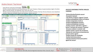 Unit Vision S.R.L. @: office@unitvision.ro T: +40 374.600.645
Calea Rahovei 266-268, Electromagnetica Business Park, Corp 61, Etaj 3 www: unitvision.ro F: +40 318.175.170
Analiza Vanzari: Top Vanzari
- Vision BI este construita pe tehnologie
- Permite urmarirea afacerii pe mai multe dimensiuni: An, Luna, Trimestru, Produse, Grupe de produse, Agenti, Tip client,
Agent, Canal de vanzare, Tip cheltuiala, Cont, Centru de cost, etc.
- Permite urmarirea evolutiei pentru mai multe marimi simultan: Cantitate, Pret lista, Pret net, Discount, Cost reteta/Cost
achizitie / Marja de contributie, Marimi tip cheltuiala , Valoare taxe, etc
APLICATII DISPONIBILE PENTRU ANALIZA
VANZARII:
-Sinteza/Analiza/Evolutie vanzari
-Parametrii Vanzarii
-Top Clienti / Produse / Agenti / Canale
-Analiza profitabilitate Clienti vs Produse
-Analiza comparativa multi-an
-Analiza profitabilitate proiecte
-Analiza profitabilitate contracte
-Analiza creante: sold client / agenti /
facturi / termene de incasare / avansuri
-Structura soldului si evolutie sold
-Detalii creante si proces de recuperare
-Metode de calcul bonus al bonusului de
vanzare pentru agenti
-Analiza marjei de contributie
-Analiza factoriala produse
-Calculul automat al bonusului pentru
agentii de vanzari
 