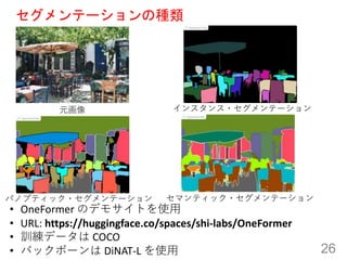 Ʃ`ηN
26
? OneFormer Υǥ⥵Ȥʹ
? URL: https://huggingface.co/spaces/shi-labs/OneFormer
? Ӗǩ` COCO
? Хåܩ` DiNAT-L ʹ
Ԫ
ѥΥץƥå?Ʃ`
󥹥?Ʃ`
ޥƥå?Ʃ`
 
