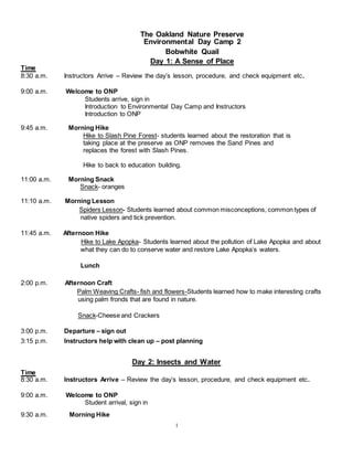 1
The Oakland Nature Preserve
Environmental Day Camp 2
Bobwhite Quail
Day 1: A Sense of Place
Time
8:30 a.m. Instructors Arrive – Review the day’s lesson, procedure, and check equipment etc.
9:00 a.m. Welcome to ONP
Students arrive, sign in
Introduction to Environmental Day Camp and Instructors
Introduction to ONP
9:45 a.m. Morning Hike
Hike to Slash Pine Forest- students learned about the restoration that is
taking place at the preserve as ONP removes the Sand Pines and
replaces the forest with Slash Pines.
Hike to back to education building.
11:00 a.m. Morning Snack
Snack- oranges
11:10 a.m. Morning Lesson
Spiders Lesson- Students learned about common misconceptions, common types of
native spiders and tick prevention.
11:45 a.m. Afternoon Hike
Hike to Lake Apopka- Students learned about the pollution of Lake Apopka and about
what they can do to conserve water and restore Lake Apopka’s waters.
Lunch
2:00 p.m. Afternoon Craft
Palm Weaving Crafts- fish and flowers-Students learned how to make interesting crafts
using palm fronds that are found in nature.
Snack-Cheese and Crackers
3:00 p.m. Departure – sign out
3:15 p.m. Instructors help with clean up – post planning
Day 2: Insects and Water
Time
8:30 a.m. Instructors Arrive – Review the day’s lesson, procedure, and check equipment etc.
9:00 a.m. Welcome to ONP
Student arrival, sign in
9:30 a.m. Morning Hike
 