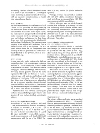 n engl j med﻿﻿ nejm.org﻿ 3
Daclatasvir plus Sofosbuvir for HIV–HCV Coinfection
a screening FibroTest (FibroSURE) fibrosis score
of at least 0.75 (on a scale of 0 to 1, with higher
scores indicating a greater severity of fibrosis),
with an aspartate aminotransferase-to-platelet
ratio index of more than 2.
Study Oversight
The study was conducted in accordance with Good
Clinical Practice guidelines and was approved by
the institutional review board or independent eth-
ics committee at each site. Bristol-Myers Squibb,
the study sponsor, designed and monitored the
study, conducted it with the principal investiga-
tors, and collected and analyzed the data. Study
drugs were both sponsor-supplied (daclatasvir)
and purchased (sofosbuvir). The manuscript was
prepared by the authors with assistance from a
medical writer paid by the sponsor. The aca-
demic authors vouch for the completeness and
accuracy of the data presented and for the fidel-
ity of the study to the protocol, which is avail-
able at NEJM.org.
Study Design
In this open-label study, patients who had not
received previous HCV treatment were randomly
assigned in a 2:1 ratio to receive either 12 weeks
or 8 weeks of daclatasvir (at a standard dose of
60 mg) plus sofosbuvir (400 mg), both once daily.
Previously treated patients received the same
regimen for 12 weeks. On the basis of pharma-
cokinetic data with antiretroviral inducers and
inhibitors of cytochrome P-450 3A4,31
the stan-
dard 60-mg dose of daclatasvir was adjusted to
30 mg in patients receiving ritonavir-boosted
protease inhibitors and to 90 mg in those receiv-
ing efavirenz or nevirapine. Patients were followed
for 24 weeks after the end of treatment.
Randomization was stratified according to
cirrhosis status and HCV genotype. Patients with
genotype 1 were further stratified according to
subtype.
Efficacy and Safety Monitoring
Serum levels of HCV RNA and HIV-1 RNA and
CD4+ cells were centrally assessed at screening,
at baseline, and at weeks 1, 2, 4, 6, 8, and 12 (in
12-week groups). At the end of the study period,
the same levels were assessed at weeks 4, 12, and
24, except for the CD4+ count, which was mea-
sured at post-treatment week 4 only. HCV RNA
was measured with the use of the COBAS Taq-
Man HCV test, version 2.0 (Roche Molecular
Systems).
Virologic response was defined as undetect-
able HCV RNA (<20 IU per milliliter) during the
study period and as unquantifiable HCV RNA
post-treatment (<25 IU per milliliter).
Clinical laboratory tests and physical exami-
nations were performed at screening, at base-
line, and during scheduled visits. Adverse events
and laboratory abnormalities were recorded
throughout and graded according to the criteria
of the Division of AIDS of the National Institute
of Allergy and Infectious Diseases (see the Sup-
plementary Appendix).
Virologic Breakthrough, Relapse,
and Resistance Monitoring
HCV virologic failure was defined as confirmed
breakthrough (an increase from unquantifiable
to quantifiable HCV RNA or to at least 1 log10
above nadir) during the study period or post-
treatment relapse (the presence of quantifiable
HCV RNA after an end-of-treatment response) or
as the presence of quantifiable HCV RNA that is
not otherwise defined as breakthrough or re-
lapse. HIV-1 virologic failure was defined as a
confirmed or last available measurement of at
least 400 copies of HIV-1 RNA per milliliter.
We assessed the HCV NS5A region at baseline
in all patients by means of population-based se-
quencing of plasma samples (sensitivity, approxi-
mately 20%) and samples that were obtained at
or around the time of virologic failure when the
HCV RNA level was at least 1000 IU per milliliter.
Population-based sequencing of HCV NS5B was
performed in each sample obtained from patients
with virologic failure that could be evaluated
(plus a matched baseline sample) and in com-
parator baseline samples obtained from two pa-
tients who had a sustained virologic response.
Study End Points
The primary efficacy end point was a sustained
virologic response (HCV RNA, <25 IU per mil-
liliter) at post-treatment week 12 among previously
untreated patients with genotype 1 infection treat-
ed for 12 weeks. Key secondary efficacy end
points were rates of sustained virologic response
at post-treatment week 12 among previously un-
treated patients with genotype 1 infection who
were treated for 8 weeks and corresponding rates
among previously treated patients who were treat-
 