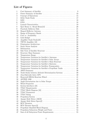 List of Figures
1 Cost Summary of Satellite . . . . . . . . . . . . . . . . . . . . . . . . 9
2 Power Summary of Satellite . . . . . . . . . . . . . . . . . . . . . . . 10
3 Concept of Operations . . . . . . . . . . . . . . . . . . . . . . . . . . 15
4 Orbit Trade Study . . . . . . . . . . . . . . . . . . . . . . . . . . . . 17
5 LEO . . . . . . . . . . . . . . . . . . . . . . . . . . . . . . . . . . . . 18
6 GTO . . . . . . . . . . . . . . . . . . . . . . . . . . . . . . . . . . . . 18
7 Launch Characteristics . . . . . . . . . . . . . . . . . . . . . . . . . . 19
8 Spot Beam vs. Broad Beam[12] . . . . . . . . . . . . . . . . . . . . . 20
9 Parabolic Reﬂector Dish . . . . . . . . . . . . . . . . . . . . . . . . . 21
10 Shaped Reﬂector Antenna . . . . . . . . . . . . . . . . . . . . . . . . 21
11 Range of Frequency Bands . . . . . . . . . . . . . . . . . . . . . . . . 22
12 Cost vs. Availability . . . . . . . . . . . . . . . . . . . . . . . . . . . 23
13 Link Budget . . . . . . . . . . . . . . . . . . . . . . . . . . . . . . . . 24
14 Ampliﬁer Trade Study[23] . . . . . . . . . . . . . . . . . . . . . . . . 25
15 TWTA Ampliﬁer [10] . . . . . . . . . . . . . . . . . . . . . . . . . . . 26
16 Polarization Architecture . . . . . . . . . . . . . . . . . . . . . . . . . 26
17 Static Stress Analysis . . . . . . . . . . . . . . . . . . . . . . . . . . . 28
18 Deformation . . . . . . . . . . . . . . . . . . . . . . . . . . . . . . . . 29
19 Side View of Satellite Structure . . . . . . . . . . . . . . . . . . . . . 30
20 Structure Mass Summary . . . . . . . . . . . . . . . . . . . . . . . . . 31
21 Temperature Range . . . . . . . . . . . . . . . . . . . . . . . . . . . . 32
22 Temperature Variation for Satellite’s Antennas . . . . . . . . . . . . . 33
23 Temperature Variation for Satellite’s Solar Arrays . . . . . . . . . . . 34
24 Temperature Variation for Satellite’s Main Structure . . . . . . . . . 35
25 Temperature Variation for Satellite’s Batteries . . . . . . . . . . . . . 36
26 Temperature Variation for Satellites Transponders . . . . . . . . . . . 37
27 Temperature Variation for Satellite’s Propellant Tanks . . . . . . . . 38
28 ADCS Summary . . . . . . . . . . . . . . . . . . . . . . . . . . . . . 39
29 Trade Study between Attitude Determination Systems . . . . . . . . 39
30 Jena-Optronik Astro APS . . . . . . . . . . . . . . . . . . . . . . . . 40
31 Honeywell HR12s Reaction Wheel . . . . . . . . . . . . . . . . . . . . 41
32 ASTRIX 1090 . . . . . . . . . . . . . . . . . . . . . . . . . . . . . . . 41
33 Angle Perturbation due to Solar Torque . . . . . . . . . . . . . . . . 42
34 Wheel Properties . . . . . . . . . . . . . . . . . . . . . . . . . . . . . 43
35 System Interfaces [23] . . . . . . . . . . . . . . . . . . . . . . . . . . . 45
36 TT&C Requirements . . . . . . . . . . . . . . . . . . . . . . . . . . . 46
37 TT&C Block Diagram [23] . . . . . . . . . . . . . . . . . . . . . . . . 47
38 TT&C Parameters . . . . . . . . . . . . . . . . . . . . . . . . . . . . 47
39 TT&C Sizing . . . . . . . . . . . . . . . . . . . . . . . . . . . . . . . 48
40 Propulsion System . . . . . . . . . . . . . . . . . . . . . . . . . . . . 50
41 Apogee Kick Motor (AKM) . . . . . . . . . . . . . . . . . . . . . . . 50
42 Apogee Kick Motor Specs[2] . . . . . . . . . . . . . . . . . . . . . . . 51
43 RCS Thrusters . . . . . . . . . . . . . . . . . . . . . . . . . . . . . . 51
44 RCS Thruster Specs[3] . . . . . . . . . . . . . . . . . . . . . . . . . . 52
45 Propellant Manifold Block Diagram . . . . . . . . . . . . . . . . . . . 53
46 Propulsion Subsystem Weight and Power . . . . . . . . . . . . . . . . 54
47 Sum of all Subsystem Power Requirements . . . . . . . . . . . . . . . 55
4
 