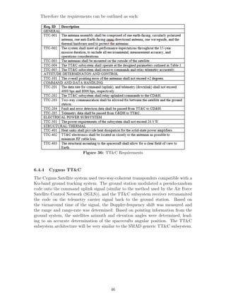 Therefore the requirements can be outlined as such:
Figure 36: TT&C Requirements
6.4.4 Cygnus TT&C
The Cygnus Satellite system used two-way-coherent transponders compatible with a
Ku-band ground tracking system. The ground station modulated a pseudo-random
code onto the command uplink signal (similar to the method used by the Air Force
Satellite Control Network (SGLS)), and the TT&C subsystem receiver retransmited
the code on the telemetry carrier signal back to the ground station. Based on
the turnaround time of the signal, the Doppler-frequency shift was measured and
the range and range-rate was determined. Based on pointing information from the
ground system, the satellites azimuth and elevation angles were determined, lead-
ing to an accurate determination of the spacecrafts angular position. The TT&C
subsystem architecture will be very similar to the SMAD generic TT&C subsystem.
46
 