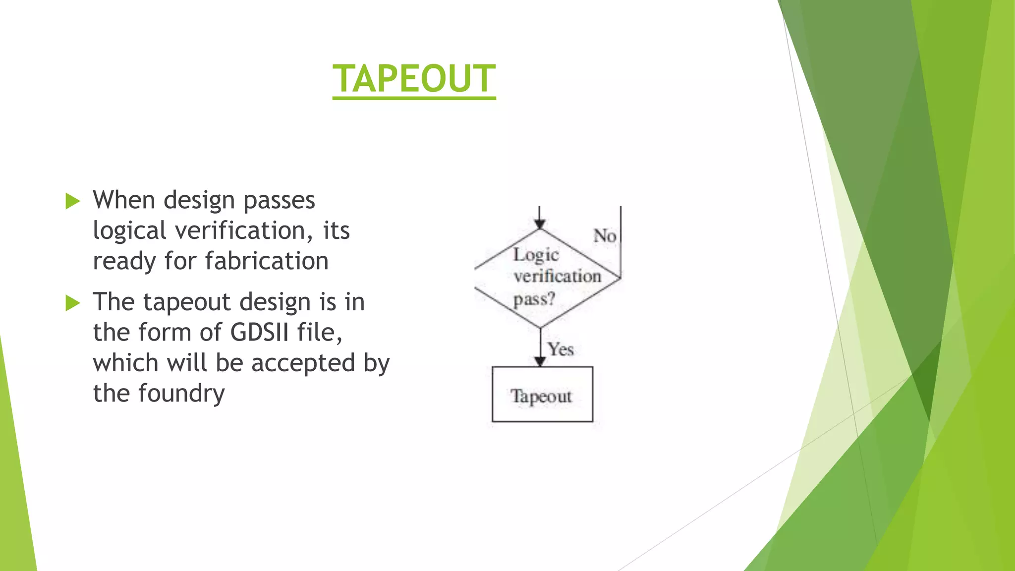 TAPEOUT
 When design passes
logical verification, its
ready for fabrication
 The tapeout design is in
the form of GDSII file,
which will be accepted by
the foundry
 