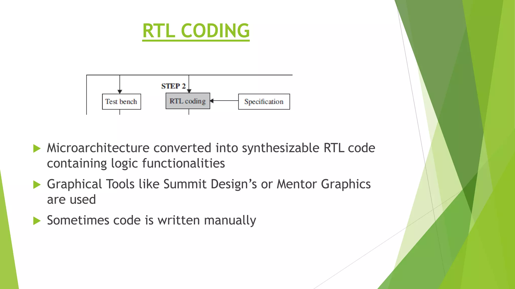 RTL CODING
 Microarchitecture converted into synthesizable RTL code
containing logic functionalities
 Graphical Tools like Summit Design’s or Mentor Graphics
are used
 Sometimes code is written manually
 