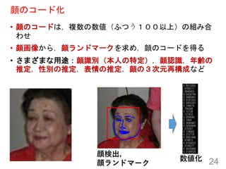 顔のコード化
• 顔のコードは，複数の数値（ふつう１００以上）の組み合
わせ
• 顔画像から，顔ランドマークを求め，顔のコードを得る
• さまざまな用途：顔識別（本人の特定），顔認識，年齢の
推定，性別の推定，表情の推定，顔の３次元再構成など
...