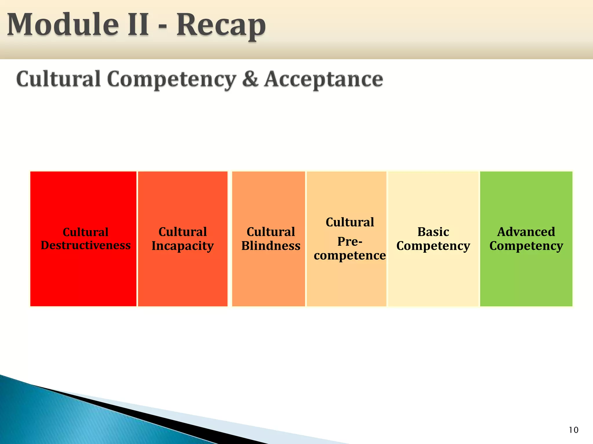 10
Cultural
Destructiveness
Cultural
Incapacity
Cultural
Blindness
Cultural
Pre-
competence
Basic
Competency
Advanced
Competency
Module II - Recap
 