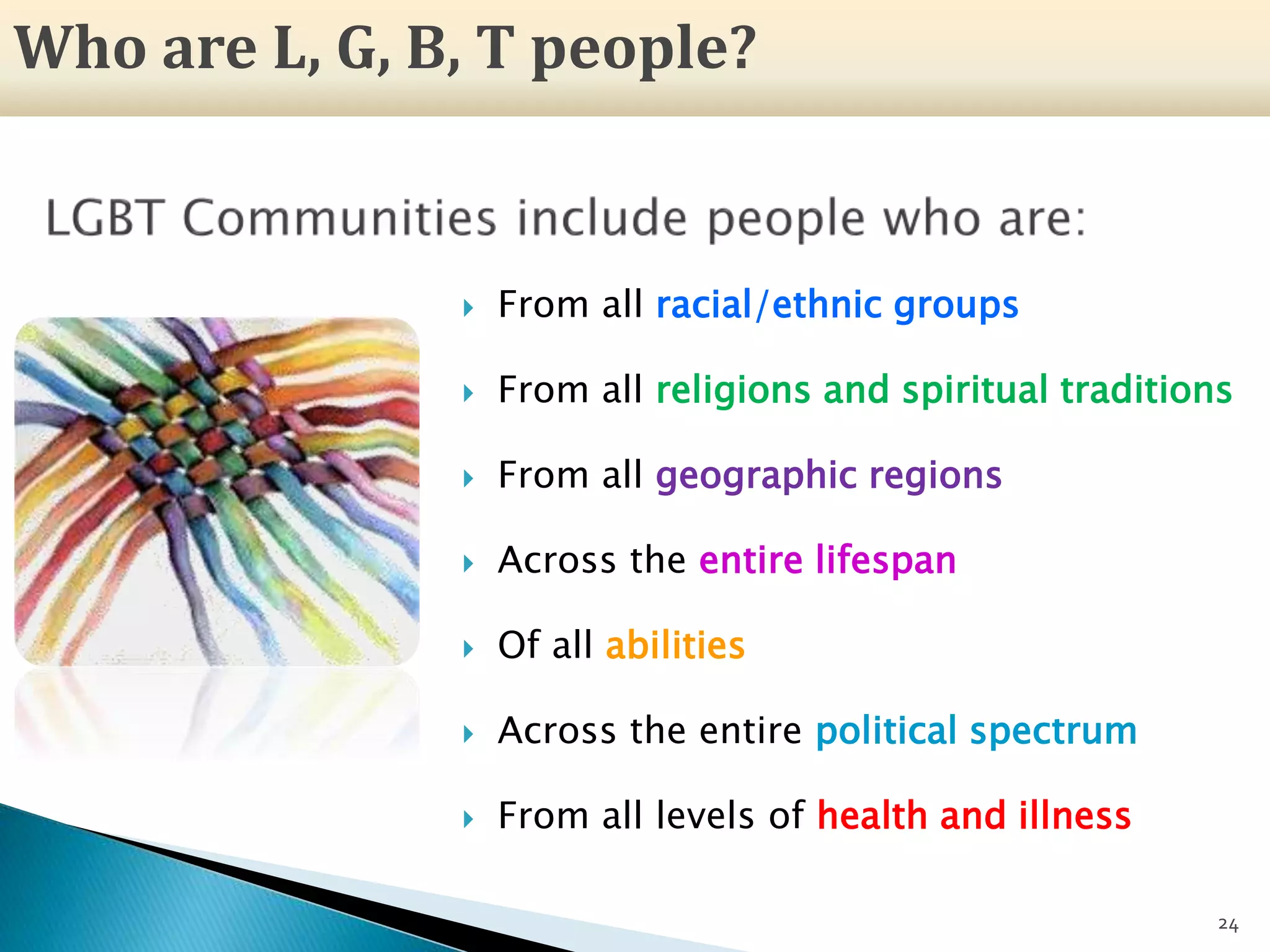  From all racial/ethnic groups
 From all religions and spiritual traditions
 From all geographic regions
 Across the entire lifespan
 Of all abilities
 Across the entire political spectrum
 From all levels of health and illness
24
Who are L, G, B, T people?
 