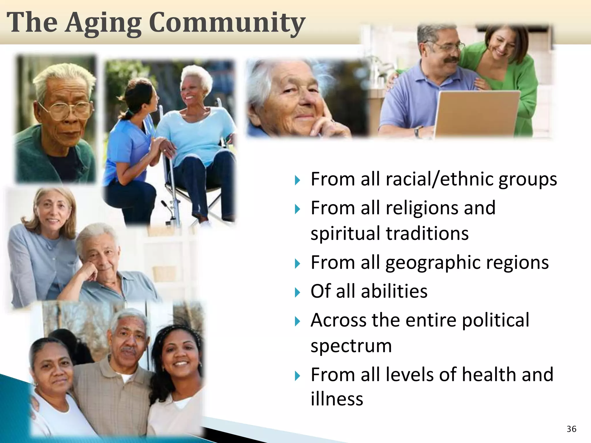  From all racial/ethnic groups
 From all religions and
spiritual traditions
 From all geographic regions
 Of all abilities
 Across the entire political
spectrum
 From all levels of health and
illness
36
The Aging Community
 