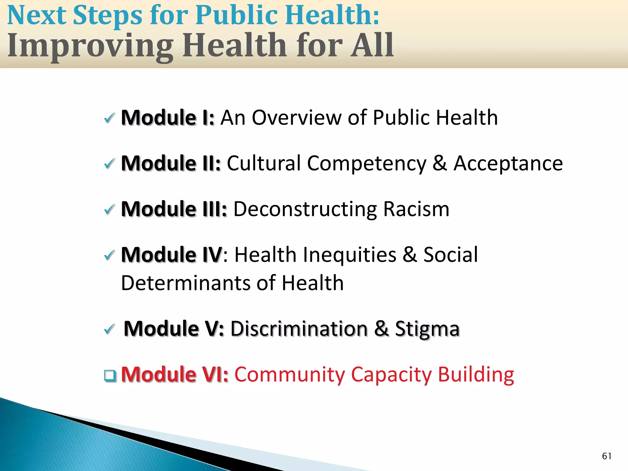  Module I: An Overview of Public Health
 Module II: Cultural Competency & Acceptance
 Module III: Deconstructing Racism
 Module IV: Health Inequities & Social
Determinants of Health
 Module V: Discrimination & Stigma
 Module VI: Community Capacity Building
61
Next Steps for Public Health:
Improving Health for All
 
