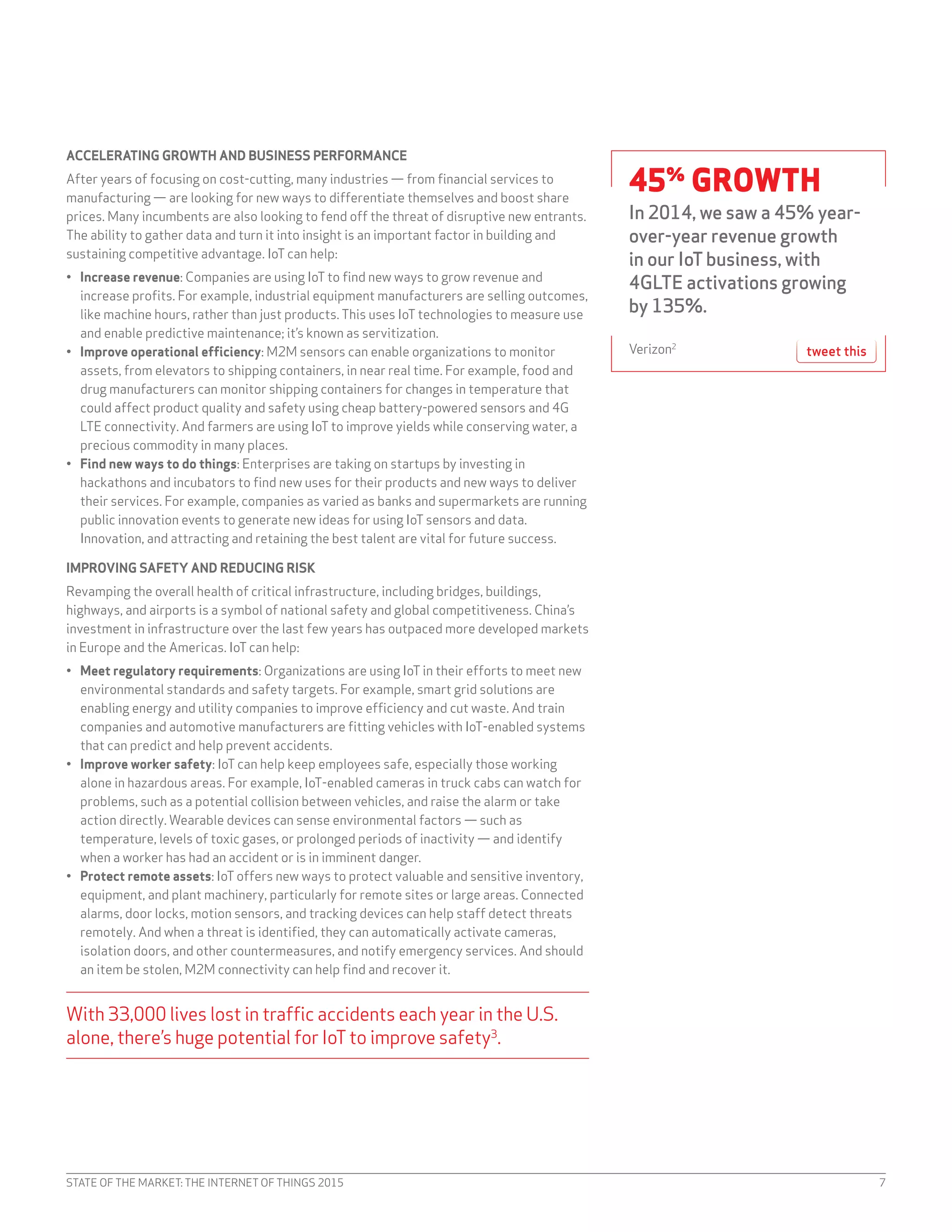 STATE OF THE MARKET: THE INTERNET OF THINGS 2015 7
ACCELERATING GROWTH AND BUSINESS PERFORMANCE
After years of focusing on cost-cutting, many industries — from financial services to
manufacturing — are looking for new ways to differentiate themselves and boost share
prices. Many incumbents are also looking to fend off the threat of disruptive new entrants.
The ability to gather data and turn it into insight is an important factor in building and
sustaining competitive advantage. IoT can help:
•	 Increase revenue: Companies are using IoT to find new ways to grow revenue and
increase profits. For example, industrial equipment manufacturers are selling outcomes,
like machine hours, rather than just products. This uses IoT technologies to measure use
and enable predictive maintenance; it’s known as servitization.
•	 Improve operational efficiency: M2M sensors can enable organizations to monitor
assets, from elevators to shipping containers, in near real time. For example, food and
drug manufacturers can monitor shipping containers for changes in temperature that
could affect product quality and safety using cheap battery-powered sensors and 4G
LTE connectivity. And farmers are using IoT to improve yields while conserving water, a
precious commodity in many places.
•	 Find new ways to do things: Enterprises are taking on startups by investing in
hackathons and incubators to find new uses for their products and new ways to deliver
their services. For example, companies as varied as banks and supermarkets are running
public innovation events to generate new ideas for using IoT sensors and data.
Innovation, and attracting and retaining the best talent are vital for future success.
IMPROVING SAFETY AND REDUCING RISK
Revamping the overall health of critical infrastructure, including bridges, buildings,
highways, and airports is a symbol of national safety and global competitiveness. China’s
investment in infrastructure over the last few years has outpaced more developed markets
in Europe and the Americas. IoT can help:
•	 Meet regulatory requirements: Organizations are using IoT in their efforts to meet new
environmental standards and safety targets. For example, smart grid solutions are
enabling energy and utility companies to improve efficiency and cut waste. And train
companies and automotive manufacturers are fitting vehicles with IoT-enabled systems
that can predict and help prevent accidents.
•	 Improve worker safety: IoT can help keep employees safe, especially those working
alone in hazardous areas. For example, IoT-enabled cameras in truck cabs can watch for
problems, such as a potential collision between vehicles, and raise the alarm or take
action directly. Wearable devices can sense environmental factors — such as
temperature, levels of toxic gases, or prolonged periods of inactivity — and identify
when a worker has had an accident or is in imminent danger.
•	 Protect remote assets: IoT offers new ways to protect valuable and sensitive inventory,
equipment, and plant machinery, particularly for remote sites or large areas. Connected
alarms, door locks, motion sensors, and tracking devices can help staff detect threats
remotely. And when a threat is identified, they can automatically activate cameras,
isolation doors, and other countermeasures, and notify emergency services. And should
an item be stolen, M2M connectivity can help find and recover it.
With 33,000 lives lost in traffic accidents each year in the U.S.
alone, there’s huge potential for IoTto improve safety3
.
45%
GROWTH
In 2014, we saw a 45% year-
over-year revenue growth
in our IoTbusiness, with
4GLTE activations growing
by 135%.
Verizon2
tweet this
 