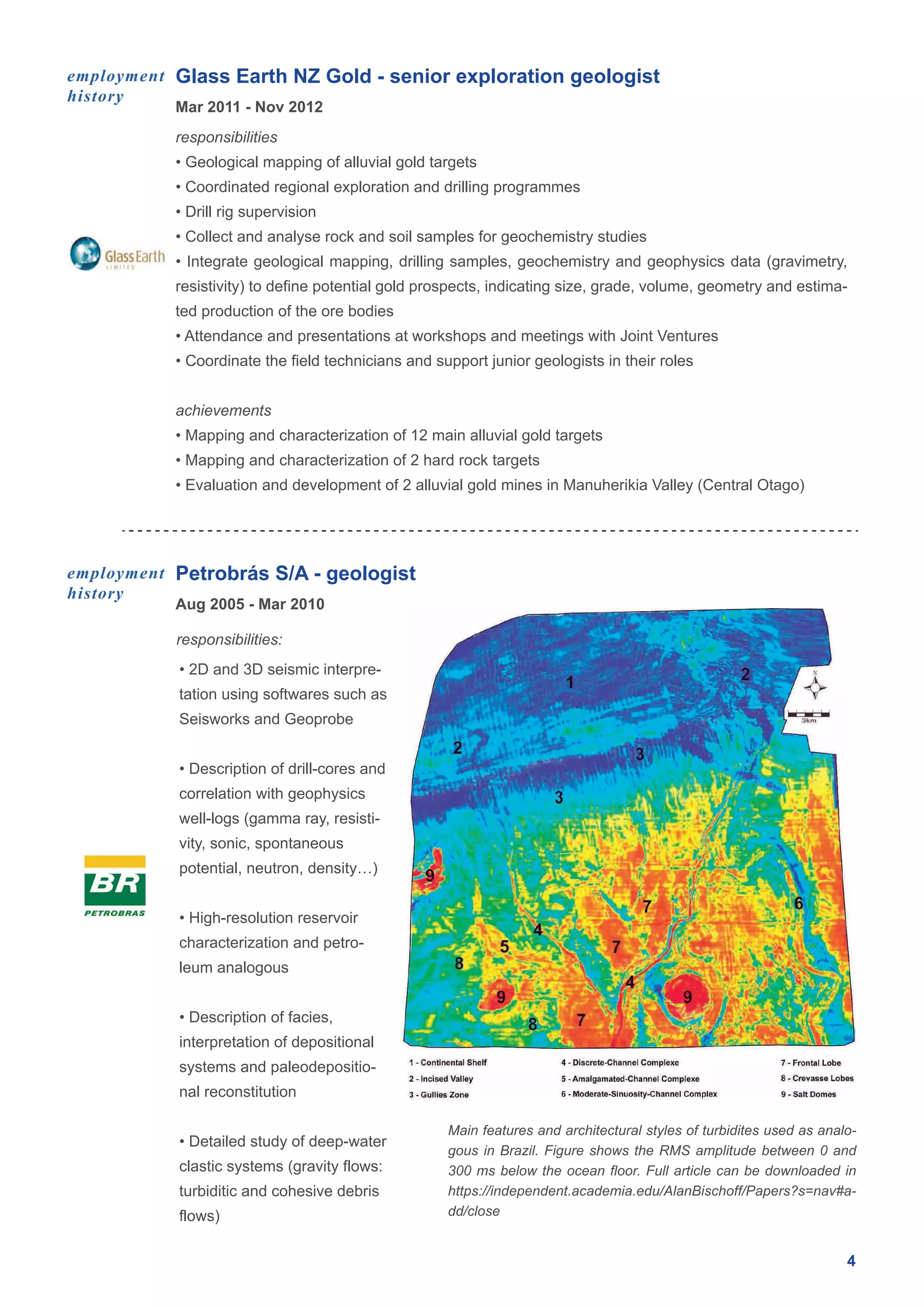 Glass Earth NZ Gold - senior exploration geologist
4
Mar 2011 - Nov 2012
employment
history
responsibilities
• Geological mapping of alluvial gold targets
• Coordinated regional exploration and drilling programmes
• Drill rig supervision
• Collect and analyse rock and soil samples for geochemistry studies
• Integrate geological mapping, drilling samples, geochemistry and geophysics data (gravimetry,
resistivity) to define potential gold prospects, indicating size, grade, volume, geometry and estima-
ted production of the ore bodies
• Attendance and presentations at workshops and meetings with Joint Ventures
• Coordinate the field technicians and support junior geologists in their roles
achievements
• Mapping and characterization of 12 main alluvial gold targets
• Mapping and characterization of 2 hard rock targets
• Evaluation and development of 2 alluvial gold mines in Manuherikia Valley (Central Otago)
Petrobrás S/A - geologist
Aug 2005 - Mar 2010
responsibilities:
employment
history
• 2D and 3D seismic interpre-
tation using softwares such as
Seisworks and Geoprobe
• Description of drill-cores and
correlation with geophysics
well-logs (gamma ray, resisti-
vity, sonic, spontaneous
potential, neutron, density…)
• High-resolution reservoir
characterization and petro-
leum analogous
• Description of facies,
interpretation of depositional
systems and paleodepositio-
nal reconstitution
• Detailed study of deep-water
clastic systems (gravity flows:
turbiditic and cohesive debris
flows)
Main features and architectural styles of turbidites used as analo-
gous in Brazil. Figure shows the RMS amplitude between 0 and
300 ms below the ocean floor. Full article can be downloaded in
https://independent.academia.edu/AlanBischoff/Papers?s=nav#a-
dd/close
 