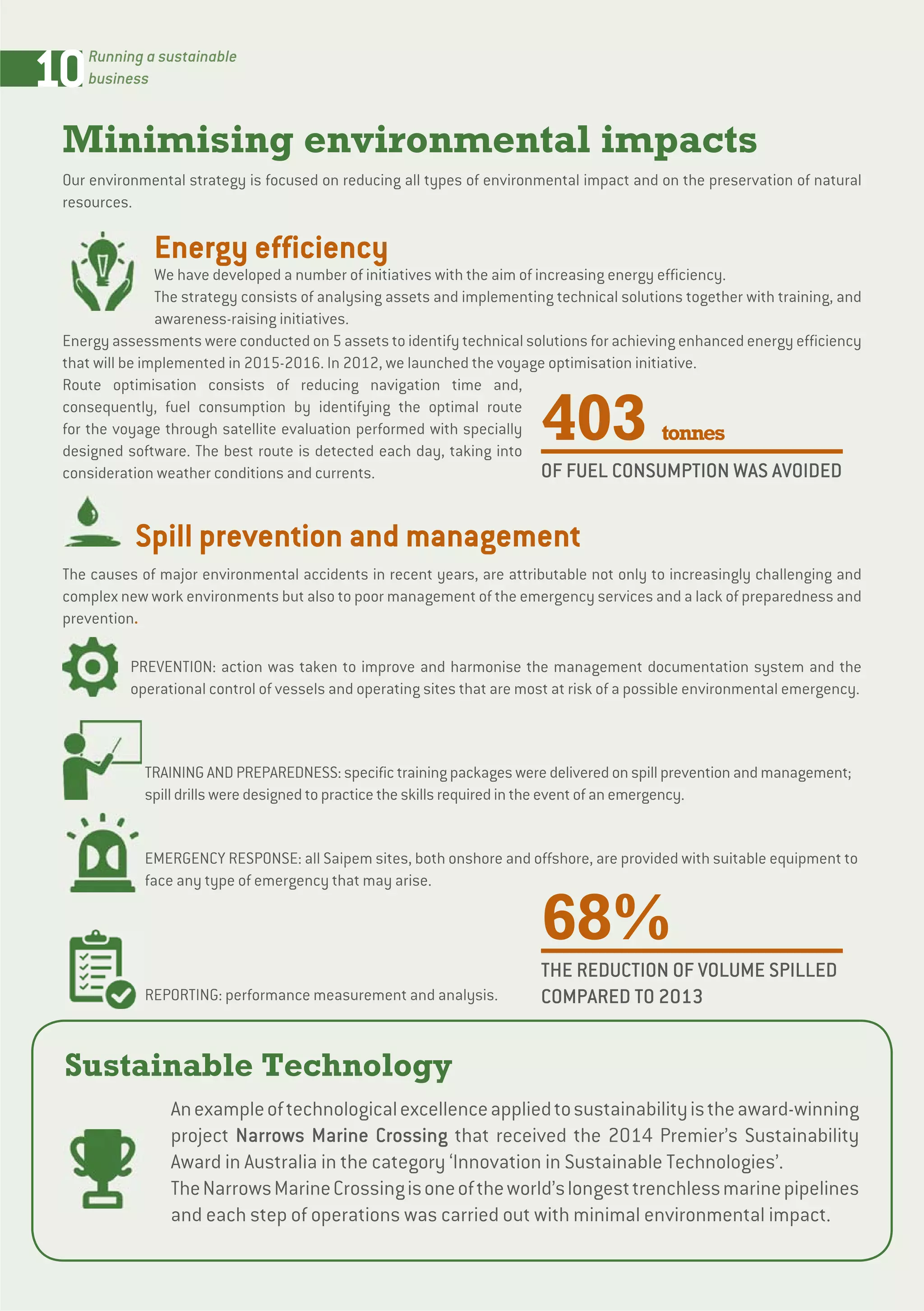 10Running a sustainable
business
Minimising environmental impacts
Our environmental strategy is focused on reducing all types of environmental impact and on the preservation of natural
resources.
Energy efficiency
We have developed a number of initiatives with the aim of increasing energy efficiency.
The strategy consists of analysing assets and implementing technical solutions together with training, and
awareness-raising initiatives.
Energy assessments were conducted on 5 assets to identify technical solutions for achieving enhanced energy efficiency
that will be implemented in 2015-2016. In 2012, we launched the voyage optimisation initiative.
Route optimisation consists of reducing navigation time and,
consequently, fuel consumption by identifying the optimal route
for the voyage through satellite evaluation performed with specially
designed software. The best route is detected each day, taking into
consideration weather conditions and currents.
Spill prevention and management
The causes of major environmental accidents in recent years, are attributable not only to increasingly challenging and
complex new work environments but also to poor management of the emergency services and a lack of preparedness and
prevention.
PREVENTION: action was taken to improve and harmonise the management documentation system and the
operational control of vessels and operating sites that are most at risk of a possible environmental emergency.
TRAINING AND PREPAREDNESS: specific training packages were delivered on spill prevention and management;
spill drills were designed to practice the skills required in the event of an emergency.
EMERGENCY RESPONSE: all Saipem sites, both onshore and offshore, are provided with suitable equipment to
face any type of emergency that may arise.
REPORTING: performance measurement and analysis.
Sustainable Technology
Anexampleoftechnologicalexcellenceappliedtosustainabilityistheaward-winning
project Narrows Marine Crossing that received the 2014 Premier’s Sustainability
Award in Australia in the category ‘Innovation in Sustainable Technologies’.
TheNarrowsMarineCrossingisoneoftheworld’slongesttrenchlessmarinepipelines
and each step of operations was carried out with minimal environmental impact.
403 tonnes
OF FUEL CONSUMPTION WAS AVOIDED
68%
THE REDUCTION OF VOLUME SPILLED
COMPARED TO 2013
 