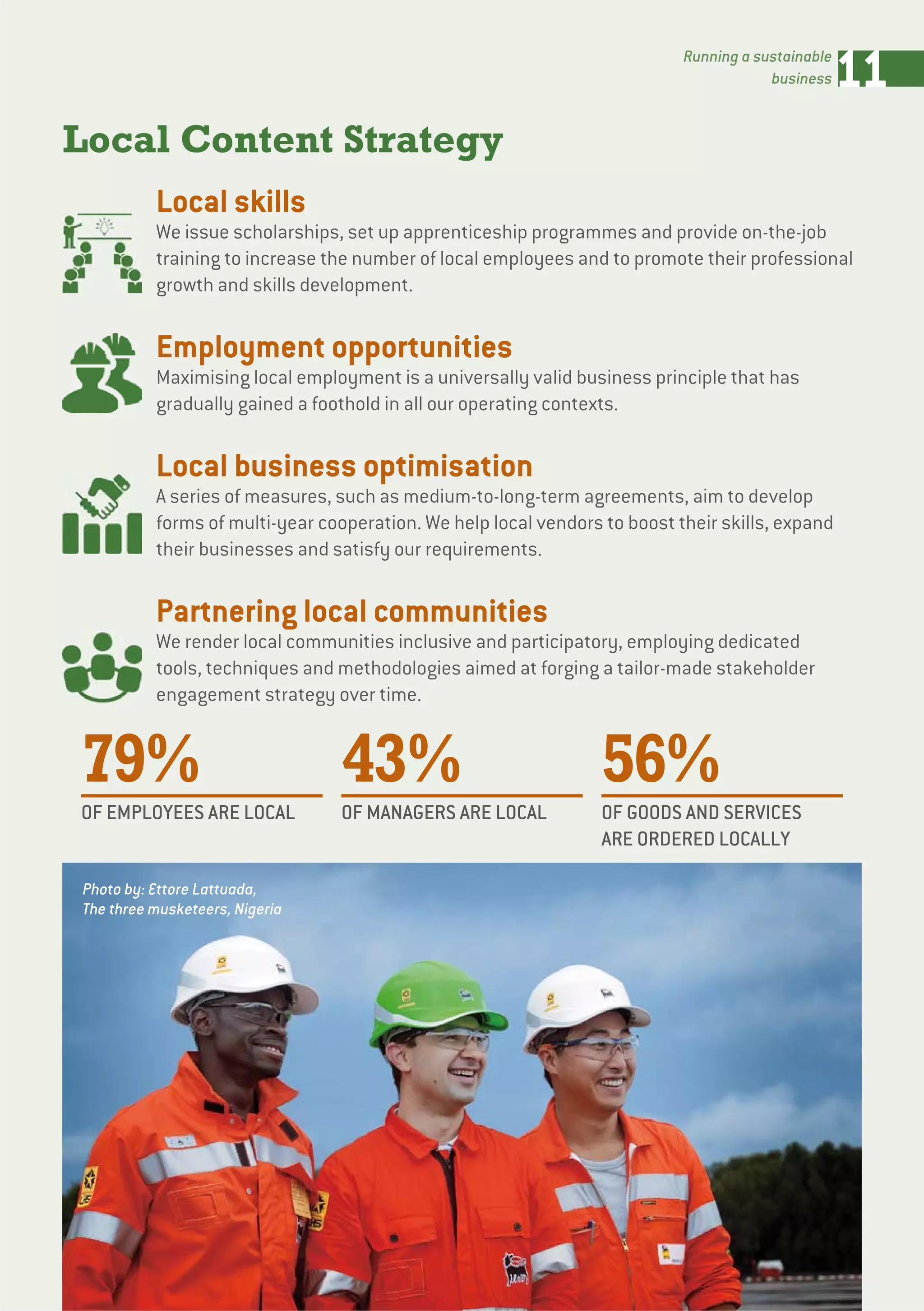 11Running a sustainable
business
Local Content Strategy
79%
OF EMPLOYEES ARE LOCAL
43%
OF MANAGERS ARE LOCAL
56%
OF GOODS AND SERVICES
ARE ORDERED LOCALLY
Local skills
We issue scholarships, set up apprenticeship programmes and provide on-the-job
training to increase the number of local employees and to promote their professional
growth and skills development.
Employment opportunities
Maximising local employment is a universally valid business principle that has
gradually gained a foothold in all our operating contexts.
Local business optimisation
A series of measures, such as medium-to-long-term agreements, aim to develop
forms of multi-year cooperation. We help local vendors to boost their skills, expand
their businesses and satisfy our requirements.
Partnering local communities
We render local communities inclusive and participatory, employing dedicated
tools, techniques and methodologies aimed at forging a tailor-made stakeholder
engagement strategy over time.
Photo by: Ettore Lattuada,
The three musketeers, Nigeria
 