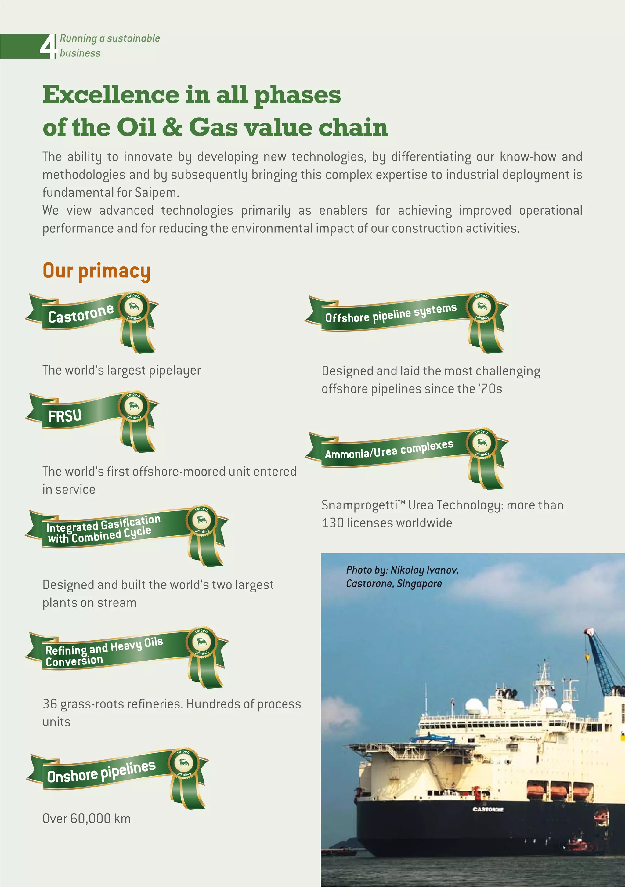 4Running a sustainable
business
Excellence in all phases
of the Oil & Gas value chain
The ability to innovate by developing new technologies, by differentiating our know-how and
methodologies and by subsequently bringing this complex expertise to industrial deployment is
fundamental for Saipem.
We view advanced technologies primarily as enablers for achieving improved operational
performance and for reducing the environmental impact of our construction activities.
Our primacy
The world’s largest pipelayer
The world’s first offshore-moored unit entered
in service
Designed and built the world’s two largest
plants on stream
36 grass-roots refineries. Hundreds of process
units
Over 60,000 km
Designed and laid the most challenging
offshore pipelines since the ’70s
SnamprogettiTM
Urea Technology: more than
130 licenses worldwide
saipem
primacy

Castorone
saipem
primacy

FRSU
saipem
primacy

Integrated Gasification
with Combined Cycle
saipem
primacy

Refining and Heavy Oils
Conversion
saipem
primacy

Onshorepipelines
saipem
primacy

Offshore pipeline systems
saipem
primacy

Ammonia/Urea complexes
Photo by: Nikolay Ivanov,
Castorone, Singapore
 