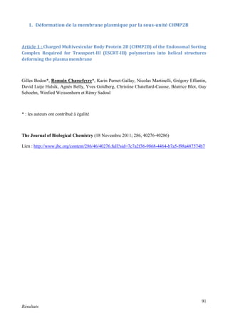 91
Résultats
1. Déformation de la membrane plasmique par la sous-unité CHMP2B
Article 1 : Charged Multivesicular Body Protein 2B (CHMP2B) of the Endosomal Sorting
Complex Required for Transport-III (ESCRT-III) polymerizes into helical structures
deforming the plasma membrane
Gilles Bodon*, Romain Chassefeyre*, Karin Pernet-Gallay, Nicolas Martinelli, Grégory Effantin,
David Lutje Hulsik, Agnès Belly, Yves Goldberg, Christine Chatellard-Causse, Béatrice Blot, Guy
Schoehn, Winfied Weissenhorn et Rémy Sadoul
* : les auteurs ont contribué à égalité
The Journal of Biological Chemistry (18 Novembre 2011; 286, 40276-40286)
Lien : http://www.jbc.org/content/286/46/40276.full?sid=7c7a2f36-9868-4464-b7a5-f98a487574b7
 