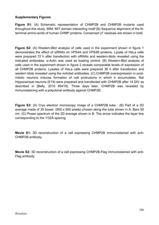 106
Résultats
Supplementary Figures
Figure S1: (A) Schematic representation of CHMP2B and CHMP2B mutants used
throughout this study. MIM: MIT domain interacting motif (B) Sequence alignment of the N-
terminal amino-acids of human CHMP proteins. Conserved LF residues are shown in bold.
Figure S2: (A) Western-Blot analysis of cells used in the experiment shown in figure 1
demonstrates the effect of siRNAs on VPS4A and VPS4B proteins. Lysate of HeLa cells
were prepared 72 h after transfection with siRNAs and western-blots revealed using the
indicated antibodies. α-Actin was used as loading control. (B) Western-Blot analysis of
cells used in the experiment shown in figure 2 reveals comparable levels of expression of
all CHMP2B proteins. Lysates of HeLa cells were prepared 36 h after transfection and
western blots revealed using the indicted antibodies. (C) CHMP2B overexpression in post-
mitotic neurons induces formation of cell protrusions in which it accumulates. Rat
Hippocampal neurons (E19) were prepared and transfected with CHMP2B after 14 DIV as
described in {Belly, 2010 #5419}. Three days later, CHMP2B was revealed by
immunostaining with a polyclonal antibody against CHMP2B.
Figure S3: (A) Cryo electron microscopy image of a CHMP2B tube. (B) Part of a 2D
average made of 35 boxes (900 x 900 pixels) chosen along the tube shown in A. Bars 50
nm. (C) Power spectrum of the 2D average shown in B. The arrow indicates the layer line
corresponding to the 1/32Å spacing.
Movie S1: 3D reconstruction of a cell expressing CHMP2B immunostained with anti-
CHMP2B antibody.
Movie S2: 3D reconstruction of a cell expressing CHMP2B-Flag immunostained with anti-
Flag antibody.
 