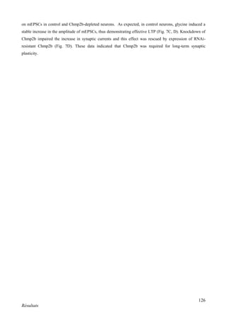 126
Résultats
on mEPSCs in control and Chmp2b-depleted neurons. As expected, in control neurons, glycine induced a
stable increase in the amplitude of mEPSCs, thus demonstrating effective LTP (Fig. 7C, D). Knockdown of
Chmp2b impaired the increase in synaptic currents and this effect was rescued by expression of RNAi-
resistant Chmp2b (Fig. 7D). These data indicated that Chmp2b was required for long-term synaptic
plasticity.
 