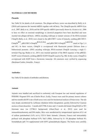 130
Résultats
MATERIALS AND METHODS
Plasmids
See Table S1 for details of all constructs. The pSuper-mCherry vector was described by Belly et al.
(2010) and expresses the inserted shRNA together with mCherry. The Chmp2b-specific shRNA (Lee
et al., 2007; Belly et al., 2010) and the GFP-specific shRNA (previously shown by Alvarez et al., 2006
to have no effect on neuronal morphology or electrical properties) have been described and were
inserted into pSuper-mCherry. cDNAs encoding wild-type or mutant versions of the RNAi-resistant
Chmp2b (Belly et al., 2010) were cloned in the pBI-CMV3 vector (Clontech), yielding pBI-CMV3-
Chmp2b
WT
, pBI-CMV3-Chmp2b
R19,22,26A
, and pBI-CMV3-Chmp2b
L4D/F5D
(used in Figs 5, 6
and 8C). In these vectors, Chmp2b is co-expressed with fluorescent protein ZsGreen from a
bidirectional promoter. cDNA encoding wild-type, RNAi-resistant Chmp2b (carrying a single C-
terminal Flag tag; Bodon et al., 2011) was inserted upstream of the IRES sequence of the pIRES2-
EGFP vector (Clontech), yielding pIRES2-EGFP-Chmp2b (used in Fig. 8B). In this vector, Chmp2b is
co-expressed with EGFP from a bicistronic transcript. All constructs were verified by sequencing
(Beckman-Coulter, Grenoble , France).
Antibodies
See Table S2 for details of antibodies and dilutions.
Animals
Animals were handled and sacrificed in conformity with European law and internal regulations of
INSERM. Pregnant OFA rats (Charles River, Ecully, France) were used for primary neuron cultures
and two-month-old OFA rats of both sexes were used for biochemical analysis of brain tissue. The rats
were deeply anesthetized by isoflurane inhalation before decapitation, quickly followed by Cesarean
section or brain dissection. 3 month-old C57BL/6 mice and 1.3 month-old female Chmp2b KO or WT
littermate mice (on C57BL/6 background) (Ghazi-Noori et al., 2012) were used for
immunohistochemistry and EM studies. Mice were anesthetized by intraperitoneal injection of 0.1 ml
of sodium pentobarbital (5.6% (w/v), CEVA Santé Animale, Libourne, France) and intracardially
perfused with phosphate buffered 0.9% NaCl (PBS), followed by 0.1 M phosphate buffered 4%
formaldehyde (pH 7.4) supplemented with 0.05% glutaraldehyde (Sigma). The brains were carefully
 