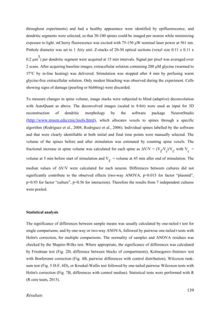 139
Résultats
throughout experiments) and had a healthy appearance were identified by epifluorescence, and
dendritic segments were selected, so that 30-100 spines could be imaged per neuron while minimizing
exposure to light. mCherry fluorescence was excited with 75-150 μW nominal laser power at 561 nm.
Pinhole diameter was set to 1 Airy unit. Z-stacks of 20-30 optical sections (voxel size 0.11 x 0.11 x
0.2 m
3
) per dendritic segment were acquired at 15 min intervals. Signal per pixel was averaged over
2 scans. After acquiring baseline images, extracellular solution containing 200 µM glycine (warmed to
37°C by in-line heating) was delivered. Stimulation was stopped after 4 min by perfusing warm
glycine-free extracellular solution. Only modest bleaching was observed during the experiment. Cells
showing signs of damage (pearling or blebbing) were discarded.
To measure changes in spine volume, image stacks were subjected to blind (adaptive) deconvolution
with AutoQuant as above. The deconvolved images (scaled to 8-bit) were used as input for 3D
reconstruction of dendritic morphology by the software package NeuronStudio
(http://www.mssm.edu/cnic/tools.html), which allocates voxels to spines through a specific
algorithm (Rodriguez et al., 2008; Rodriguez et al., 2006). Individual spines labelled by the software
and that were clearly identifiable at both initial and final time points were manually selected. The
volume of the spines before and after stimulation was estimated by counting spine voxels. The
fractional increase in spine volume was calculated for each spine as V/V = (V
f
-V
i
)/V
i
, with V
i
=
volume at 5 min before start of stimulation and V
f
= volume at 45 min after end of stimulation. The
median values of V/V were calculated for each neuron. Differences between cultures did not
significantly contribute to the observed effects (two-way ANOVA, p=0.015 for factor “plasmid”,
p=0.93 for factor “culture”, p=0.56 for interaction). Therefore the results from 7 independent cultures
were pooled.
Statistical analysis
The significance of differences between sample means was usually calculated by one-tailed t test for
single comparisons; and by one-way or two-way ANOVA, followed by pairwise one-tailed t tests with
Holm's correction, for multiple comparisons. The normality of samples and ANOVA residues was
checked by the Shapiro-Wilks test. Where appropriate, the significance of differences was calculated
by Friedman test (Fig. 2D, difference between blocks of compartments), Kolmogorov-Smirnov test
with Bonferonni correction (Fig. 4B, pairwise differences with control distribution), Wilcoxon rank-
sum test (Fig. 5 D-F, 6D), or Kruskal-Wallis test followed by one-tailed pairwise Wilcoxon tests with
Holm's correction (Fig. 7B, differences with control median). Statistical tests were performed with R
(R core team, 2013).
 