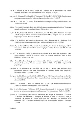 144
Résultats
Lata, S., G. Schoehn, A. Jain, R. Pires, J. Piehler, H.G. Gottlinger, and W. Weissenhorn. 2008. Helical
structures of ESCRT-III are disassembled by VPS4. Science. 321:1354-7.
Lee, J.A., A. Beigneux, S.T. Ahmad, S.G. Young, and F.B. Gao. 2007. ESCRT-III dysfunction causes
autophagosome accumulation and neurodegeneration. Curr Biol. 17:1561-7.
Lenz, M., D.J. Crow, and J.F. Joanny. 2009. Membrane buckling induced by curved filaments. Phys
Rev Lett. 103:038101.
Lobert, V.H., and H. Stenmark. 2012. The ESCRT machinery mediates polarization of fibroblasts
through regulation of myosin light chain. J Cell Sci. 125:29-36.
Lu, W., H. Man, W. Ju, W.S. Trimble, J.F. MacDonald, and Y.T. Wang. 2001. Activation of synaptic
NMDA receptors induces membrane insertion of new AMPA receptors and LTP in cultured
hippocampal neurons. Neuron. 29:243-54.
Morita, E., V. Sandrin, J. McCullough, A. Katsuyama, I. Baci Hamilton, and W.I. Sundquist. 2011.
ESCRT-III protein requirements for HIV-1 budding. Cell Host Microbe. 9:235-42.
Muziol, T., E. Pineda-Molina, R.B. Ravelli, A. Zamborlini, Y. Usami, H. Gottlinger, and W.
Weissenhorn. 2006. Structural basis for budding by the ESCRT-III factor CHMP3. Dev Cell.
10:821-30.
Park, M., J.M. Salgado, L. Ostroff, T.D. Helton, C.G. Robinson, K.M. Harris, and M.D. Ehlers. 2006.
Plasticity-induced growth of dendritic spines by exocytic trafficking from recycling
endosomes. Neuron. 52:817-30.
R Core Team. 2013. R: A language and environment for statistical computing. R Foundation for
Statistical Computing, Vienna, Austria. ISBN 3-900051-07-0, URL http://www.R-
project.org/.
Rodriguez, A., D.B. Ehlenberger, D.L. Dickstein, P.R. Hof, and S.L. Wearne. 2008. Automated three-
dimensional detection and shape classification of dendritic spines from fluorescence
microscopy images. PLoS One. 3:e1997.
Rodriguez, A., D.B. Ehlenberger, P.R. Hof, and S.L. Wearne. 2006. Rayburst sampling, an algorithm
for automated three-dimensional shape analysis from laser scanning microscopy images. Nat
Protoc. 1:2152-61.
Saksena, S., J. Wahlman, D. Teis, A.E. Johnson, and S.D. Emr. 2009. Functional reconstitution of
ESCRT-III assembly and disassembly. Cell. 136:97-109.
Shim, S., L.A. Kimpler, and P.I. Hanson. 2007. Structure/function analysis of four core ESCRT-III
proteins reveals common regulatory role for extreme C-terminal domain. Traffic. 8:1068-79.
Skibinski, G., N.J. Parkinson, J.M. Brown, L. Chakrabarti, S.L. Lloyd, H. Hummerich, J.E. Nielsen,
J.R. Hodges, M.G. Spillantini, T. Thusgaard, S. Brandner, A. Brun, M.N. Rossor, A. Gade, P.
Johannsen, S.A. Sorensen, S. Gydesen, E.M. Fisher, and J. Collinge. 2005. Mutations in the
endosomal ESCRTIII-complex subunit CHMP2B in frontotemporal dementia. Nat Genet.
37:806-8.
 