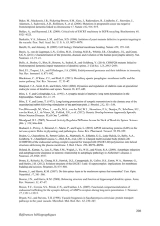 208
Références bibliographiques
Baker, M., Mackenzie, I.R., Pickering-Brown, S.M., Gass, J., Rademakers, R., Lindholm, C., Snowden, J.,
Adamson, J., Sadovnick, A.D., Rollinson, S., et al. (2006). Mutations in progranulin cause tau-negative
frontotemporal dementia linked to chromosome 17. Nature 442, 916–919.
Baldys, A., and Raymond, J.R. (2009). Critical role of ESCRT machinery in EGFR recycling. Biochemistry 48,
9321–9323.
Bankaitis, V.A., Johnson, L.M., and Emr, S.D. (1986). Isolation of yeast mutants defective in protein targeting to
the vacuole. Proc. Natl. Acad. Sci. U. S. A. 83, 9075–9079.
Barelli, H., and Antonny, B. (2009). Cell biology: Detached membrane bending. Nature 458, 159–160.
Bayés, A., van de Lagemaat, L.N., Collins, M.O., Croning, M.D.R., Whittle, I.R., Choudhary, J.S., and Grant,
S.G.N. (2011). Characterization of the proteome, diseases and evolution of the human postsynaptic density. Nat.
Neurosci. 14, 19–21.
Belly, A., Bodon, G., Blot, B., Bouron, A., Sadoul, R., and Goldberg, Y. (2010). CHMP2B mutants linked to
frontotemporal dementia impair maturation of dendritic spines. J. Cell Sci. 123, 2943–2954.
Bird, P.I., Trapani, J.A., and Villadangos, J.A. (2009). Endolysosomal proteases and their inhibitors in immunity.
Nat. Rev. Immunol. 9, 871–882.
Blackstone, C., O’Kane, C.J., and Reid, E. (2011). Hereditary spastic paraplegias: membrane traffic and the
motor pathway. Nat. Rev. Neurosci. 12, 31–42.
Blanpied, T.A., Scott, D.B., and Ehlers, M.D. (2002). Dynamics and regulation of clathrin coats at specialized
endocytic zones of dendrites and spines. Neuron 36, 435–449.
Bliss, T. V, and Collingridge, G.L. (1993). A synaptic model of memory: long-term potentiation in the
hippocampus. Nature 361, 31–39.
Bliss, T. V, and Lomo, T. (1973). Long-lasting potentiation of synaptic transmission in the dentate area of the
anaesthetized rabbit following stimulation of the perforant path. J. Physiol. 232, 331–356.
Van Blitterswijk, M., Vlam, L., van Es, M.A., van der Pol, W.L., Hennekam, E.A., Dooijes, D., Schelhaas, H.J.,
van der Kooi, A.J., de Visser, M., Veldink, J.H., et al. (2012). Genetic Overlap between Apparently Sporadic
Motor Neuron Diseases. PLoS One 7, e48983.
Bloodgood, B.L. (2005). Neuronal Activity Regulates Diffusion Across the Neck of Dendritic Spines. Science
(80-. ). 310, 866–869.
Bockaert, J., Perroy, J., Bécamel, C., Marin, P., and Fagni, L. (2010). GPCR interacting proteins (GIPs) in the
nervous system: Roles in physiology and pathologies. Annu. Rev. Pharmacol. Toxicol. 50, 89–109.
Bodon, G., Chassefeyre, R., Pernet-Gallay, K., Martinelli, N., Effantin, G.G., Lutje Hulsik, D., Belly, A.A.,
Goldberg, Y., Chatellard-Causse, C., Blot, B.B., et al. (2011). Charged multivesicular body protein-2B
(CHMP2B) of the endosomal sorting complex required for transport-III (ESCRT-III) polymerizes into helical
structures deforming the plasma membrane. J. Biol. Chem. 286, 40276–40286.
Boland, B., Kumar, A., Lee, S., Platt, F.M., Wegiel, J., Yu, W.H., and Nixon, R.A. (2008). Autophagy induction
and autophagosome clearance in neurons: relationship to autophagic pathology in Alzheimer’s disease. J.
Neurosci. 28, 6926–6937.
Boura, E., Różycki, B., Chung, H.S., Herrick, D.Z., Canagarajah, B., Cafiso, D.S., Eaton, W.A., Hummer, G.,
and Hurley, J.H. (2012). Solution structure of the ESCRT-I and -II supercomplex: implications for membrane
budding and scission. Structure 20, 874–886.
Bourne, J., and Harris, K.M. (2007). Do thin spines learn to be mushroom spines that remember? Curr. Opin.
Neurobiol. 17, 381–386.
Bourne, J.N., and Harris, K.M. (2008). Balancing structure and function at hippocampal dendritic spines. Annu.
Rev. Neurosci. 31, 47–67.
Brown, T.C., Correia, S.S., Petrok, C.N., and Esteban, J.A. (2007). Functional compartmentalization of
endosomal trafficking for the synaptic delivery of AMPA receptors during long-term potentiation. J. Neurosci.
27, 13311–13315.
Bryant, N.J., and Stevens, T.H. (1998). Vacuole biogenesis in Saccharomyces cerevisiae: protein transport
pathways to the yeast vacuole. Microbiol. Mol. Biol. Rev. 62, 230–247.
 