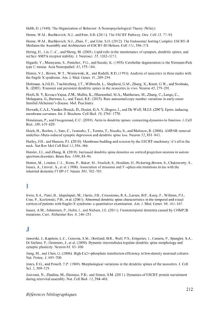 212
Références bibliographiques
Hebb, D. (1949). The Organization of Behavior: A Neuropsychological Theory (Wiley).
Henne, W.M., Buchkovich, N.J., and Emr, S.D. (2011). The ESCRT Pathway. Dev. Cell 21, 77–91.
Henne, W.M., Buchkovich, N.J., Zhao, Y., and Emr, S.D. (2012). The Endosomal Sorting Complex ESCRT-II
Mediates the Assembly and Architecture of ESCRT-III Helices. Cell 151, 356–371.
Hering, H., Lin, C.-C., and Sheng, M. (2003). Lipid rafts in the maintenance of synapses, dendritic spines, and
surface AMPA receptor stability. J. Neurosci. 23, 3262–3271.
Higashi, Y., Murayama, S., Pentchev, P.G., and Suzuki, K. (1993). Cerebellar degeneration in the Niemann-Pick
type C mouse. Acta Neuropathol. 85, 175–184.
Hinton, V.J., Brown, W.T., Wisniewski, K., and Rudelli, R.D. (1991). Analysis of neocortex in three males with
the fragile X syndrome. Am. J. Med. Genet. 41, 289–294.
Holtmaat, A.J.G.D., Trachtenberg, J.T., Wilbrecht, L., Shepherd, G.M., Zhang, X., Knott, G.W., and Svoboda,
K. (2005). Transient and persistent dendritic spines in the neocortex in vivo. Neuron 45, 279–291.
Hooli, B. V, Kovacs-Vajna, Z.M., Mullin, K., Blumenthal, M.A., Mattheisen, M., Zhang, C., Lange, C.,
Mohapatra, G., Bertram, L., and Tanzi, R.E. (2013). Rare autosomal copy number variations in early-onset
familial Alzheimer’s disease. Mol. Psychiatry.
Horvath, C.A.J., Vanden Broeck, D., Boulet, G.A. V, Bogers, J., and De Wolf, M.J.S. (2007). Epsin: inducing
membrane curvature. Int. J. Biochem. Cell Biol. 39, 1765–1770.
Hotulainen, P., and Hoogenraad, C.C. (2010). Actin in dendritic spines: connecting dynamics to function. J. Cell
Biol. 189, 619–629.
Hsieh, H., Boehm, J., Sato, C., Iwatsubo, T., Tomita, T., Sisodia, S., and Malinow, R. (2006). AMPAR removal
underlies Abeta-induced synaptic depression and dendritic spine loss. Neuron 52, 831–843.
Hurley, J.H., and Hanson, P.I. (2010). Membrane budding and scission by the ESCRT machinery: it’s all in the
neck. Nat Rev Mol Cell Biol 11, 556–566.
Hutsler, J.J., and Zhang, H. (2010). Increased dendritic spine densities on cortical projection neurons in autism
spectrum disorders. Brain Res. 1309, 83–94.
Hutton, M., Lendon, C.L., Rizzu, P., Baker, M., Froelich, S., Houlden, H., Pickering-Brown, S., Chakraverty, S.,
Isaacs, A., Grover, A., et al. (1998). Association of missense and 5’-splice-site mutations in tau with the
inherited dementia FTDP-17. Nature 393, 702–705.
I
Irwin, S.A., Patel, B., Idupulapati, M., Harris, J.B., Crisostomo, R.A., Larsen, B.P., Kooy, F., Willems, P.J.,
Cras, P., Kozlowski, P.B., et al. (2001). Abnormal dendritic spine characteristics in the temporal and visual
cortices of patients with fragile-X syndrome: a quantitative examination. Am. J. Med. Genet. 98, 161–167.
Isaacs, A.M., Johannsen, P., Holm, I., and Nielsen, J.E. (2011). Frontotemporal dementia caused by CHMP2B
mutations. Curr. Alzheimer Res. 8, 246–251.
J
Jaworski, J., Kapitein, L.C., Gouveia, S.M., Dortland, B.R., Wulf, P.S., Grigoriev, I., Camera, P., Spangler, S.A.,
Di Stefano, P., Demmers, J., et al. (2009). Dynamic microtubules regulate dendritic spine morphology and
synaptic plasticity. Neuron 61, 85–100.
Jiang, M., and Chen, G. (2006). High Ca2+-phosphate transfection efficiency in low-density neuronal cultures.
Nat. Protoc. 1, 695–700.
Jones, E.G., and Powell, T.P. (1969). Morphological variations in the dendritic spines of the neocortex. J. Cell
Sci. 5, 509–529.
Jouvenet, N., Zhadina, M., Bieniasz, P.D., and Simon, S.M. (2011). Dynamics of ESCRT protein recruitment
during retroviral assembly. Nat. Cell Biol. 13, 394–401.
 
