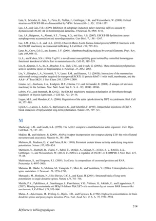 214
Références bibliographiques
Lata, S., Schoehn, G., Jain, A., Pires, R., Piehler, J., Gottlinger, H.G., and Weissenhorn, W. (2008). Helical
structures of ESCRT-III are disassembled by VPS4. Science (80-. ). 321, 1354–1357.
Lee, J.A., and Gao, F.B. (2009). Inhibition of autophagy induction delays neuronal cell loss caused by
dysfunctional ESCRT-III in frontotemporal dementia. J Neurosci 29, 8506–8511.
Lee, J.A., Beigneux, A., Ahmad, S.T., Young, S.G., and Gao, F.B. (2007). ESCRT-III dysfunction causes
autophagosome accumulation and neurodegeneration. Curr Biol 17, 1561–1567.
Lee, S.M., Chin, L.-S., and Li, L. (2012). Charcot-Marie-Tooth disease-linked protein SIMPLE functions with
the ESCRT machinery in endosomal trafficking. J. Cell Biol. 199, 799–816.
Lenz, M., Crow, D.J.G., and Joanny, J.-F. (2009). Membrane buckling induced by curved filaments. Phys. Rev.
Lett. 103, 038101.
Li, L., and Cohen, S.N. (1996). Tsg101: a novel tumor susceptibility gene isolated by controlled homozygous
functional knockout of allelic loci in mammalian cells. Cell 85, 319–329.
Lin, B., Kramár, E.A., Bi, X., Brucher, F.A., Gall, C.M., and Lynch, G. (2005a). Theta stimulation polymerizes
actin in dendritic spines of hippocampus. J. Neurosci. 25, 2062–2069.
Lin, Y., Kimpler, L.A., Naismith, T. V, Lauer, J.M., and Hanson, P.I. (2005b). Interaction of the mammalian
endosomal sorting complex required for transport (ESCRT) III protein hSnf7-1 with itself, membranes, and the
AAA+ ATPase SKD1. J Biol Chem 280, 12799–12809.
Lindas, A.C., Karlsson, E.A., Lindgren, M.T., Ettema, T.J., and Bernander, R. (2008). A unique cell division
machinery in the Archaea. Proc. Natl. Acad. Sci. U. S. A. 105, 18942–18946.
Lobert, V.H., and Stenmark, H. (2012). The ESCRT machinery mediates polarization of fibroblasts through
regulation of myosin light chain. J. Cell Sci. 125, 29–36.
Logan, M.R., and Mandato, C.A. (2006). Regulation of the actin cytoskeleton by PIP2 in cytokinesis. Biol. Cell
98, 377–388.
Lynch, G., Larson, J., Kelso, S., Barrionuevo, G., and Schottler, F. (1983). Intracellular injections of EGTA
block induction of hippocampal long-term potentiation. Nature 305, 719–721.
M
Machesky, L.M., and Gould, K.L. (1999). The Arp2/3 complex: a multifunctional actin organizer. Curr. Opin.
Cell Biol. 11, 117–121.
Makino, H., and Malinow, R. (2009). AMPA receptor incorporation into synapses during LTP: the role of lateral
movement and exocytosis. Neuron 64, 381–390.
Malinow, R., Madison, D. V, and Tsien, R.W. (1988). Persistent protein kinase activity underlying long-term
potentiation. Nature 335, 820–824.
Martinelli, N., Hartlieb, B., Usami, Y., Sabin, C., Dordor, A., Miguet, N., Avilov, S. V, Ribeiro, E.A.,
Göttlinger, H., and Weissenhorn, W. (2012). CC2D1A is a regulator of ESCRT-III CHMP4B. J. Mol. Biol. 419,
75–88.
Mathivanan, S., and Simpson, R.J. (2009). ExoCarta: A compendium of exosomal proteins and RNA.
Proteomics 9, 4997–5000.
Matsuno, H., Okabe, S., Mishina, M., Yanagida, T., Mori, K., and Yoshihara, Y. (2006). Telencephalin slows
spine maturation. J. Neurosci. 26, 1776–1786.
Matsuzaki, M., Honkura, N., Ellis-Davies, G.C.R., and Kasai, H. (2004). Structural basis of long-term
potentiation in single dendritic spines. Nature 429, 761–766.
Mattila, P.K., Pykäläinen, A., Saarikangas, J., Paavilainen, V.O., Vihinen, H., Jokitalo, E., and Lappalainen, P.
(2007). Missing-in-metastasis and IRSp53 deform PI(4,5)P2-rich membranes by an inverse BAR domain-like
mechanism. J. Cell Biol. 176, 953–964.
Matus, A., Ackermann, M., Pehling, G., Byers, H.R., and Fujiwara, K. (1982). High actin concentrations in brain
dendritic spines and postsynaptic densities. Proc. Natl. Acad. Sci. U. S. A. 79, 7590–7594.
 